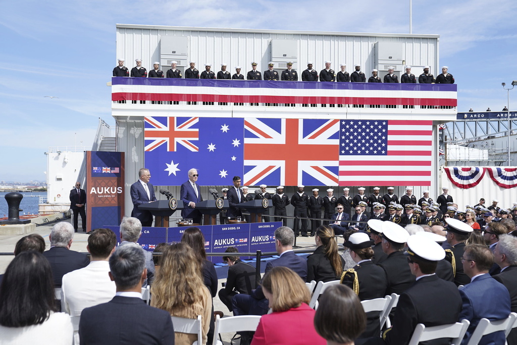 Britain's Prime Minister Rishi Sunak (right), meets with US President Joe Biden and Prime Minister of Australia Anthony Albanese (left), at Point Loma naval base in San Diego, US, on March 13, 2023, as part of Aukus, a trilateral security pact between Australia, the UK, and the US. Photo / AP