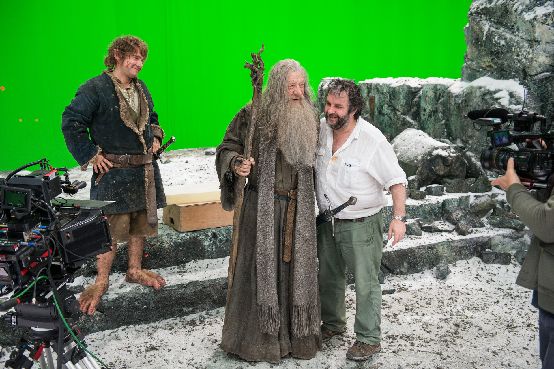 Peter Jackson, Martin Freeman and Ian McKellen on set of The Hobbit. Photo / Supplied