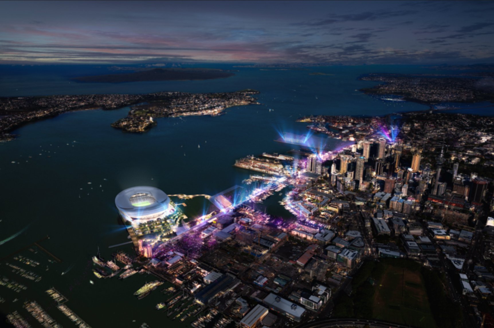 An aerial view of how the Wynard Point proposal would look on Auckland's waterfront. Image / Populous