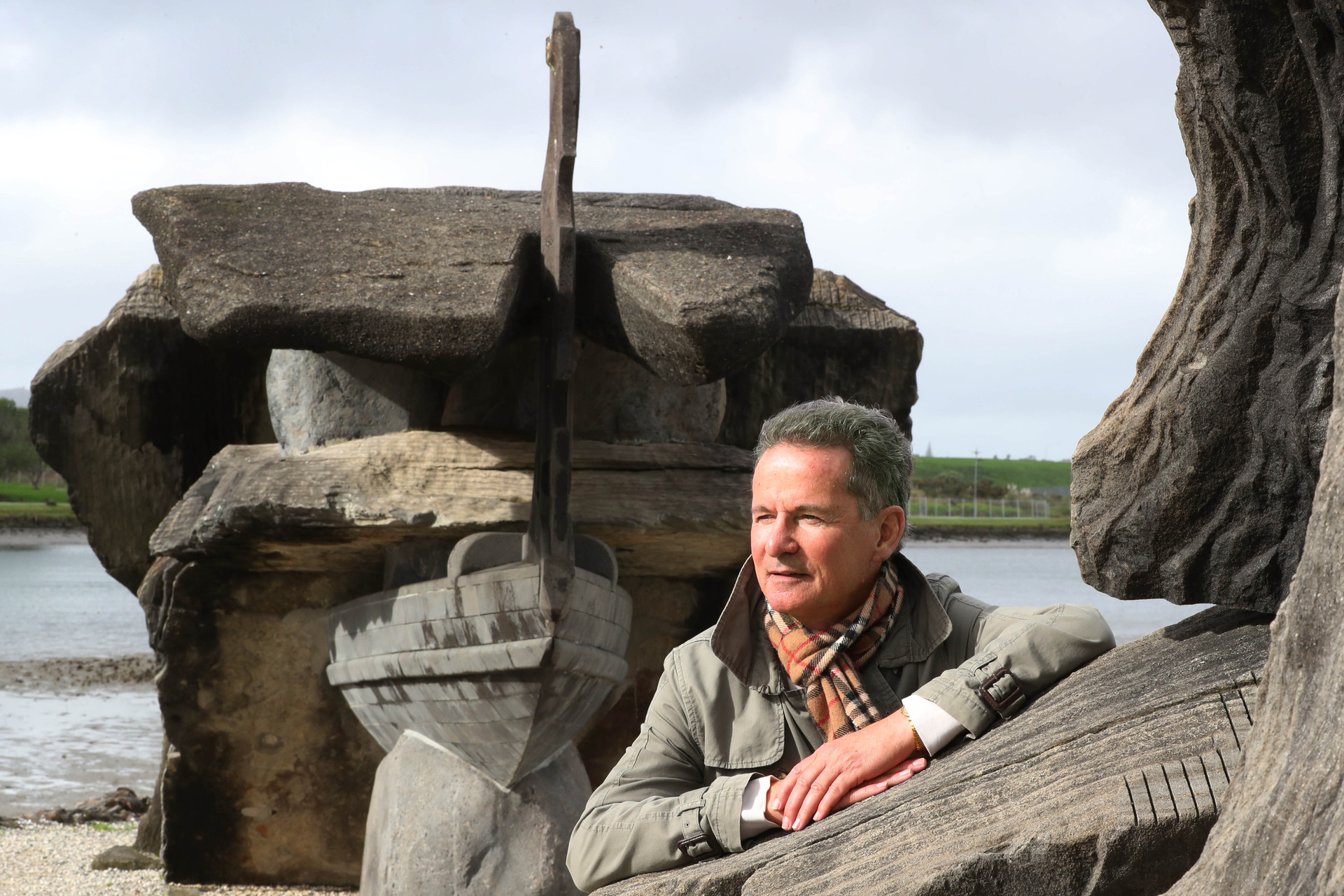 Scott Pothan with the Waka and Wave sculpture. Photo / John Stone