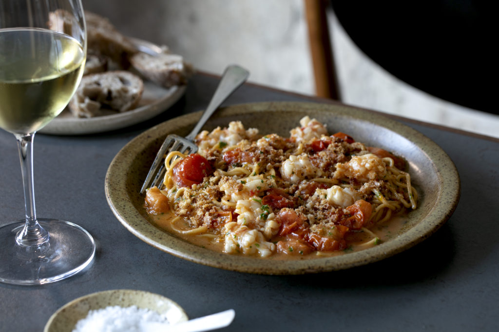 The scampi chitarra pasta at Amano. Photo / Babiche Martens