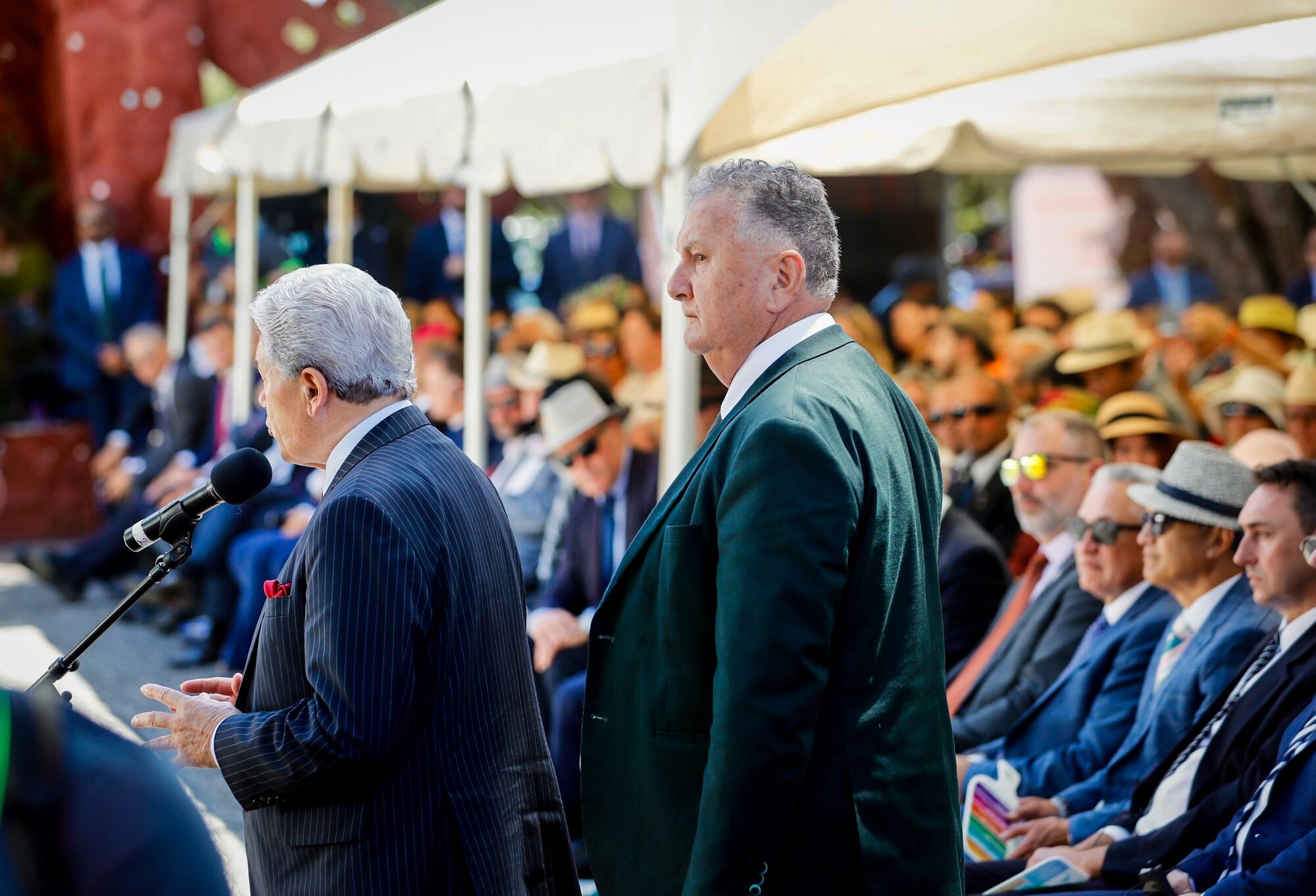 NZ First Minister Shane Jones stands alongside his party leader Winston Peters during the Parliamentarian pōwhiri yesterday. Photo / Dean Purcell