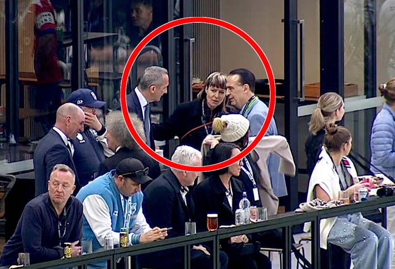 Sky TV chief executive Sophie Moloney with NRL chief executive Andrew Abdo (left) and chairman Peter V'landys (right) at a recent Warriors match. Screen grab / Sky TV
