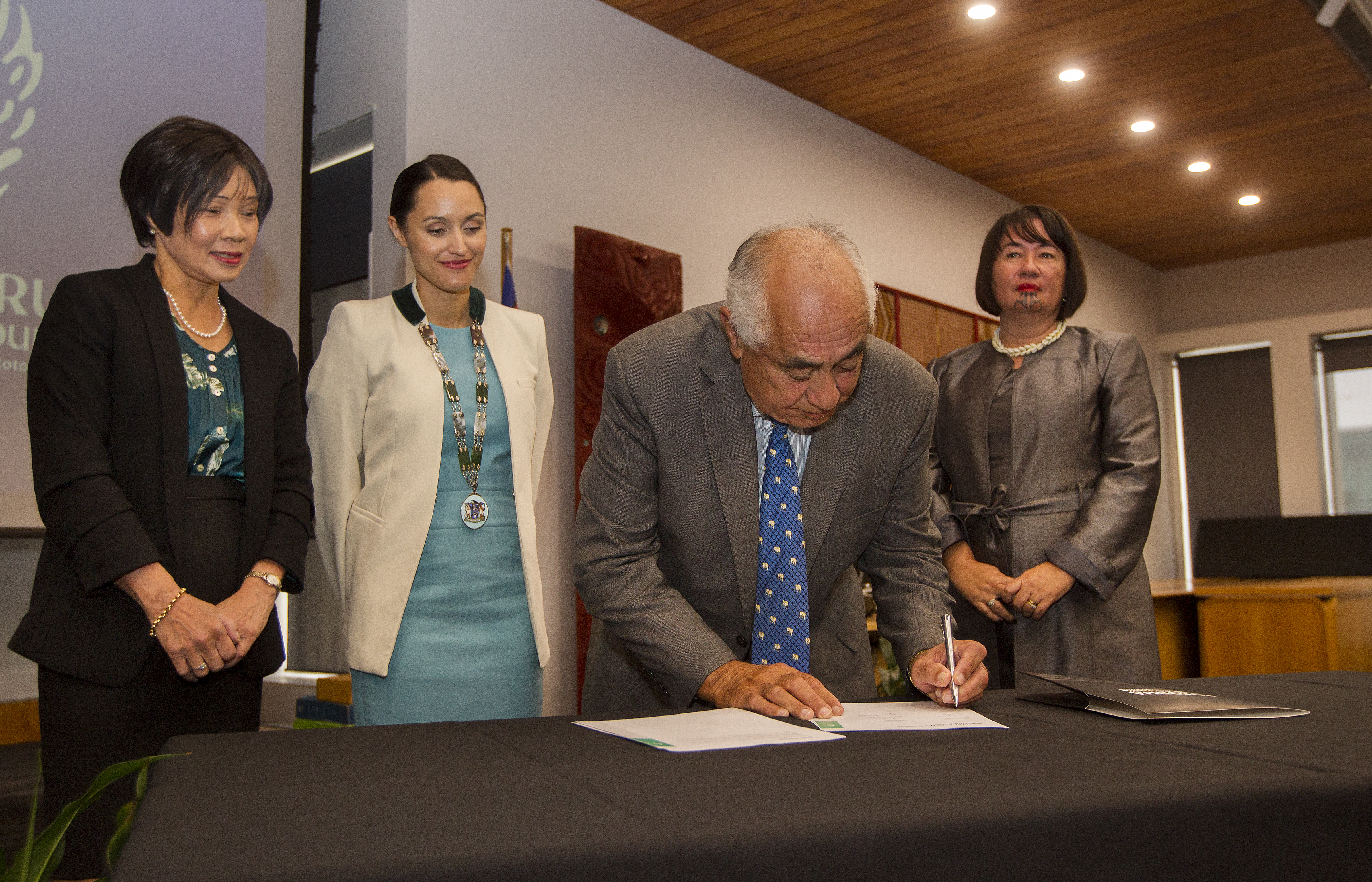Housing Accord signing at Rotorua Lakes Council. Rotorua deputy mayor Sandra Kai-Fong (left) Rotorua mayor Tania Tapsell, Te Arawa representative Leith Comer and Ngati Whakaue representative Lauren James. Photo / Ben Fraser