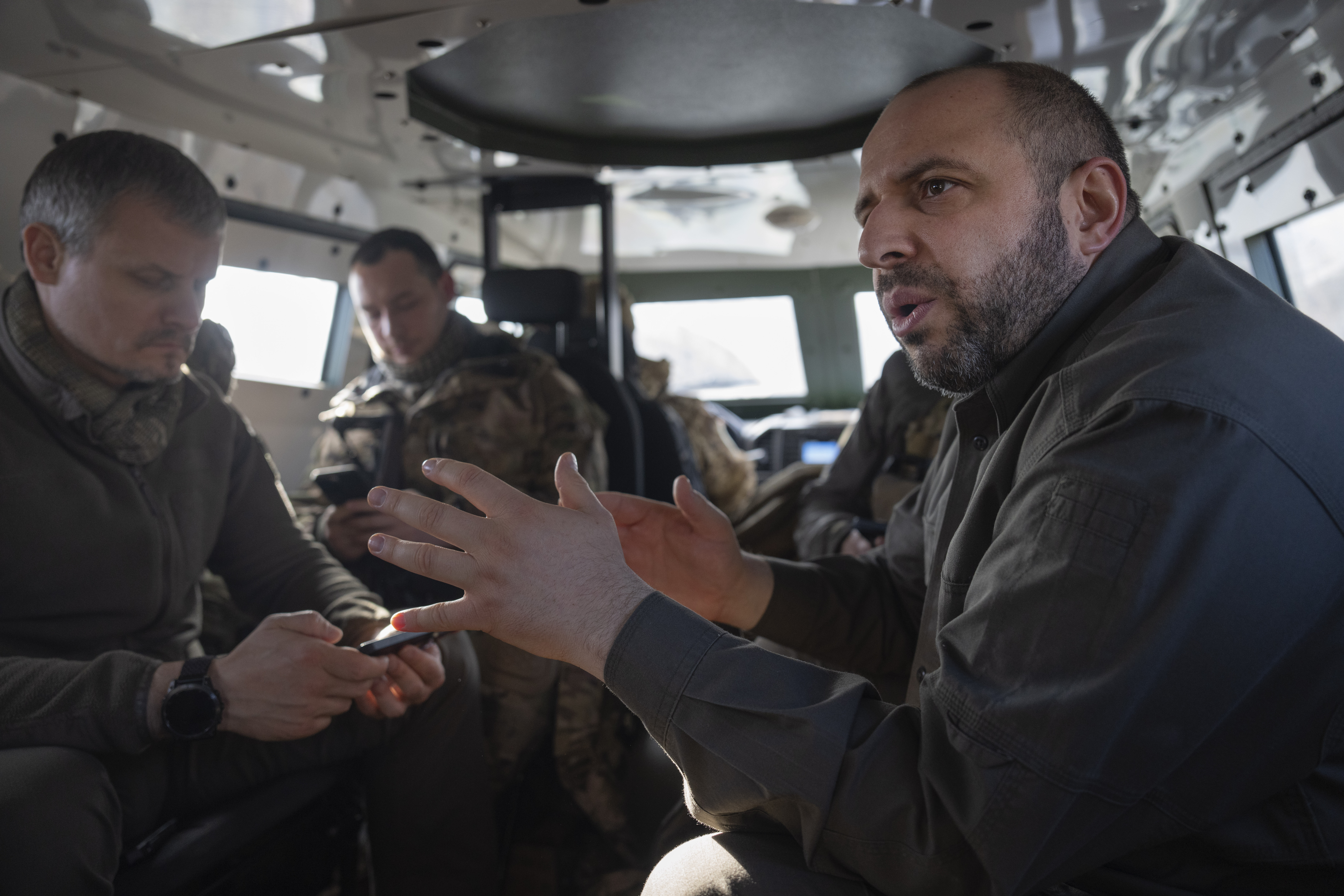 Ukrainian Defense Minister Rustem Umerov rides in an APC during a visit to the front-line city of Kupiansk, Kharkiv region, Ukraine. Photo / AP