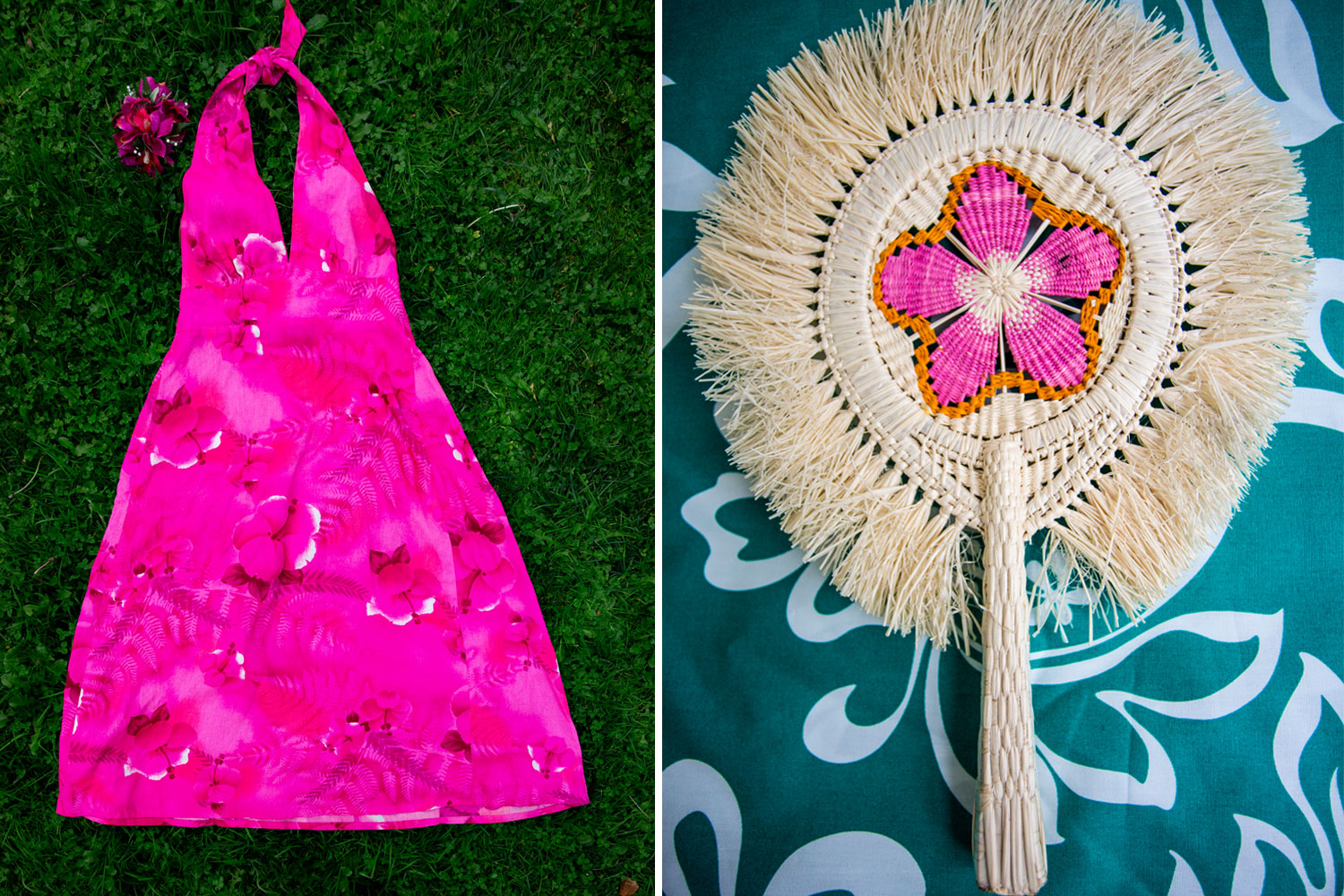 (From left) Vintage mu'umu'u; Kiribati fan. Photo / Babiche Martens