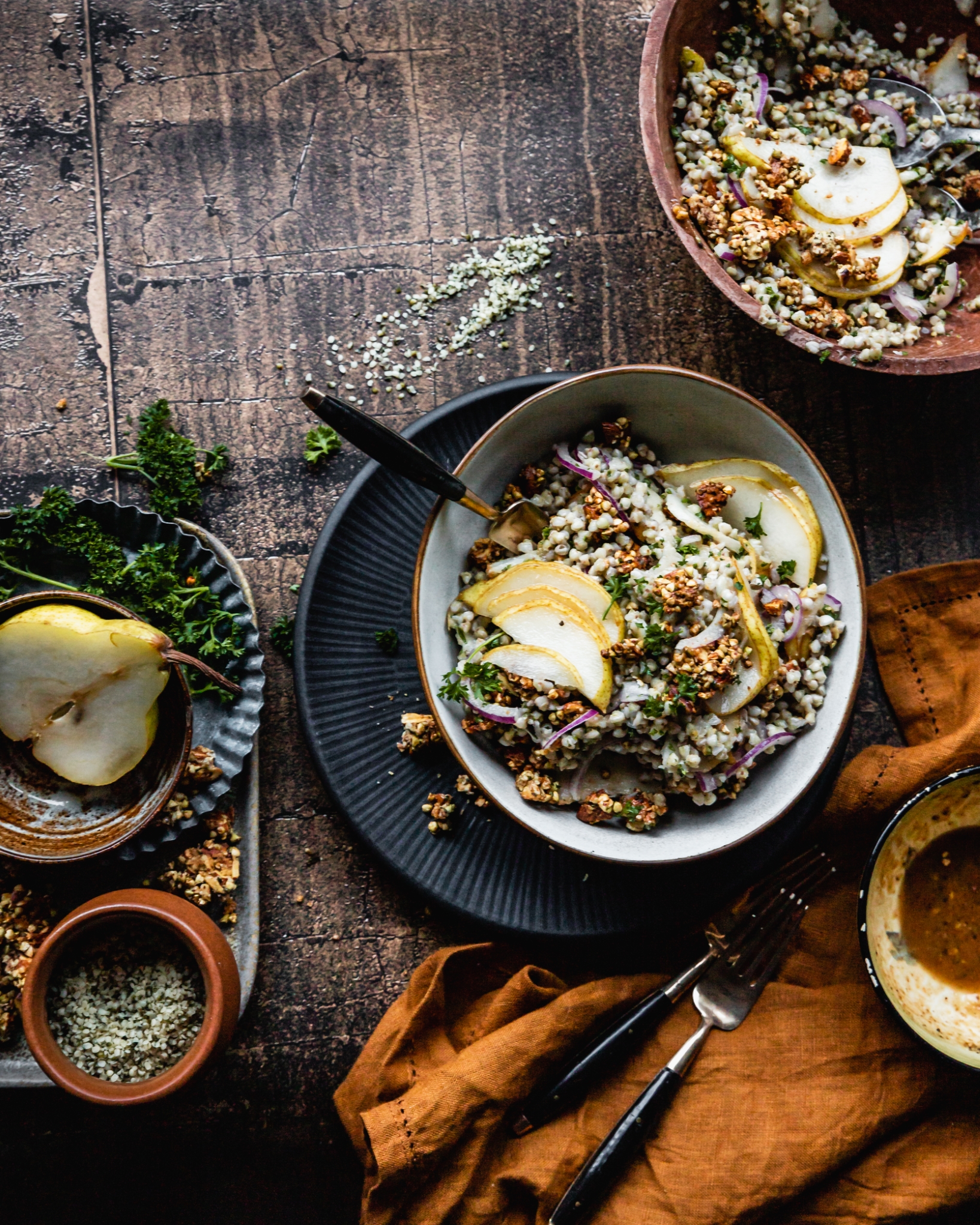 Olivia Moore's buckwheat and pear salad with spiced maple, almond and sesame seed clusters. Photo / Olivia Moore - That Green Olive