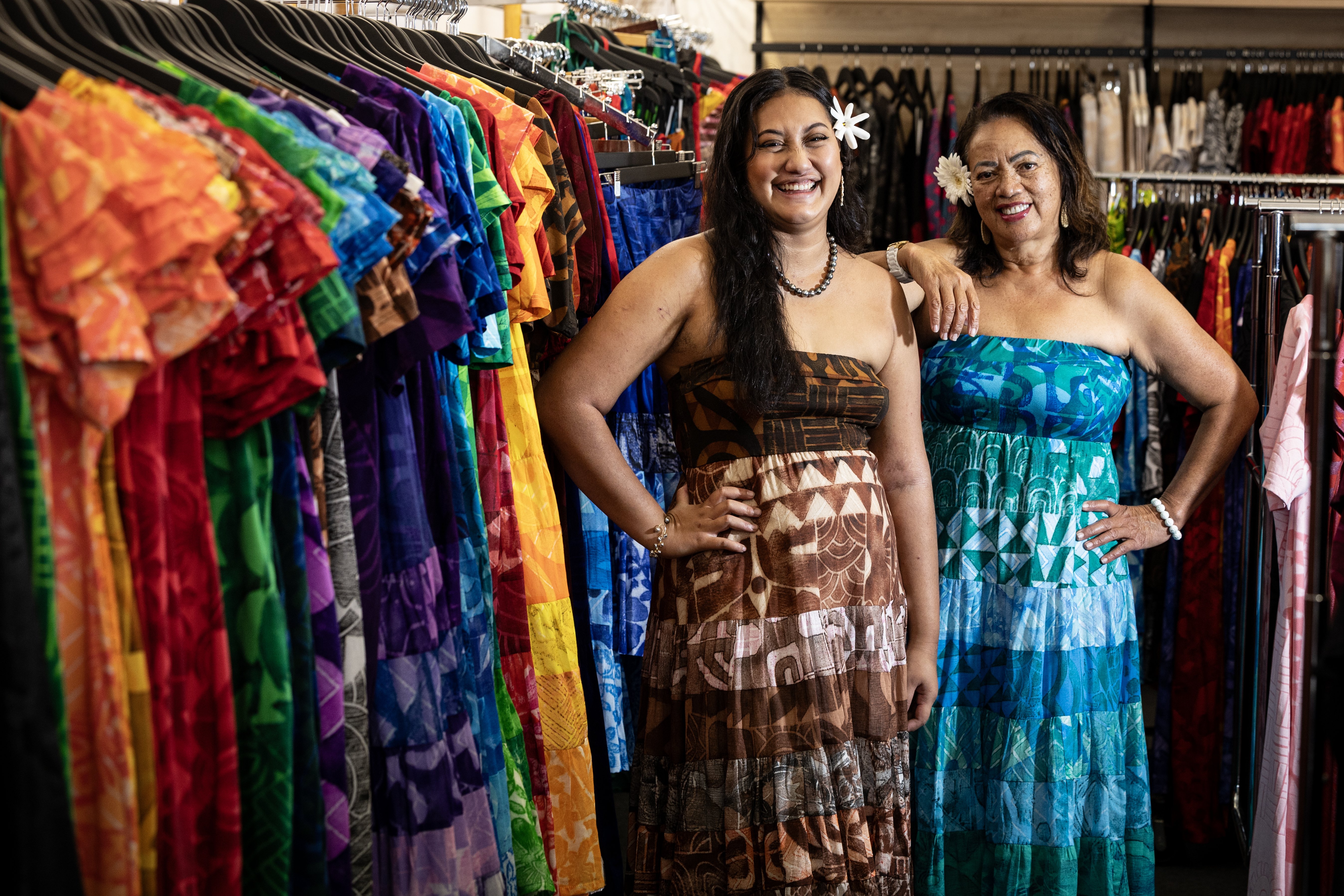 Tiahuia Pittman, left, and Vira Tavioni from Tav Pacific in Onehunga modelling the 