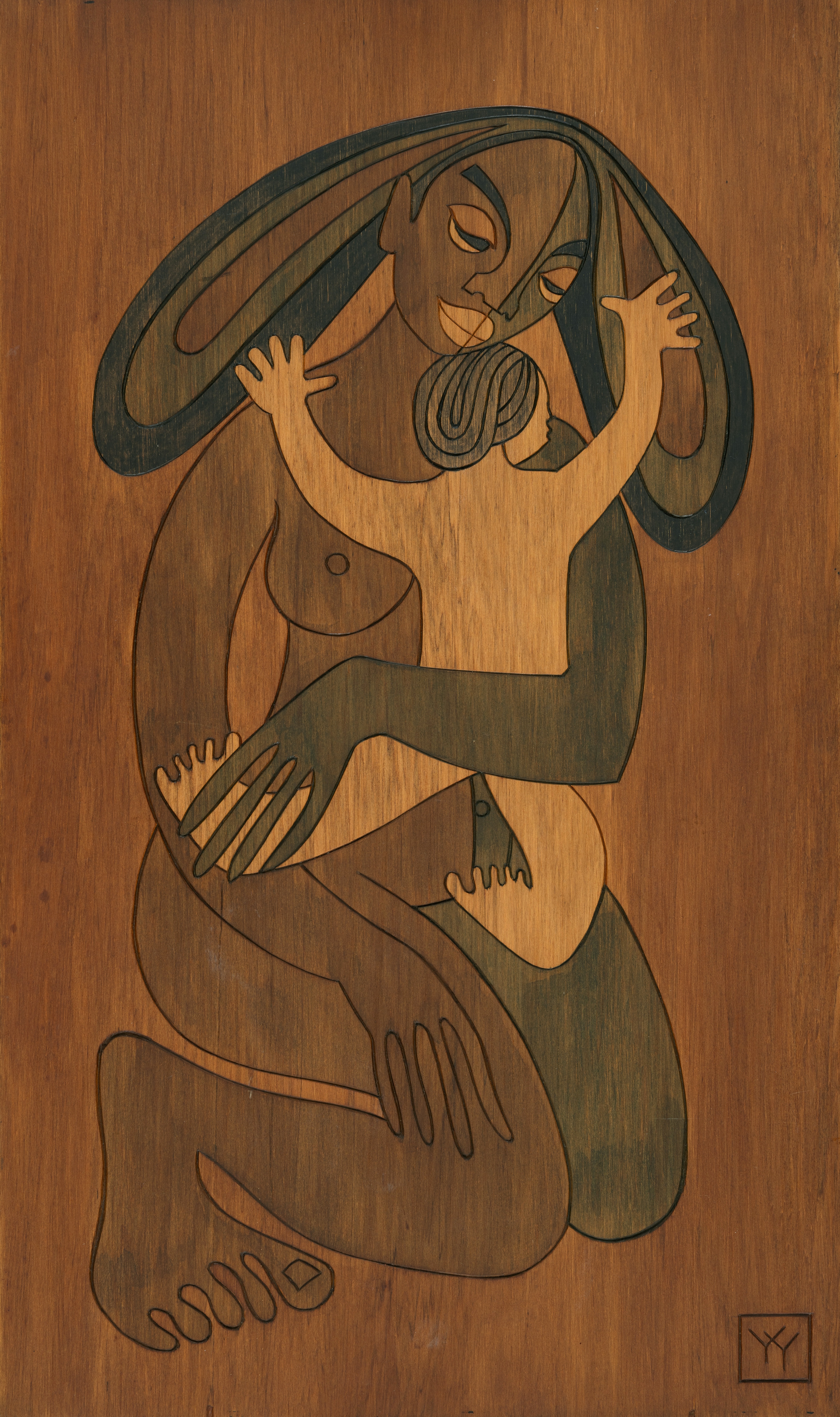 Papa-tu-a-nuku (Earth Mother), a wood panel work by Pauline and James Yearbury on loan from Russell Museum, is among the 80 works on show at the Auckland Art Gallery Toi O Tāmaki exhibition Modern Women: Flight of Time. 