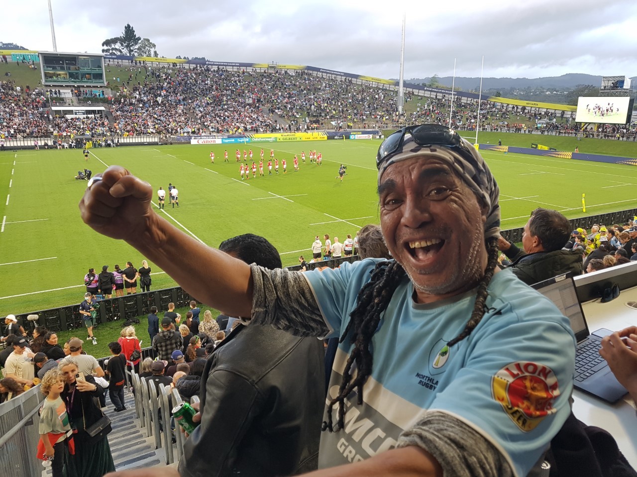 Lance Te Hira, from Pataua South, shows his passion for the Black Ferns after the national anthems at Northland Events Centre.  Photo / Mike Dinsdale