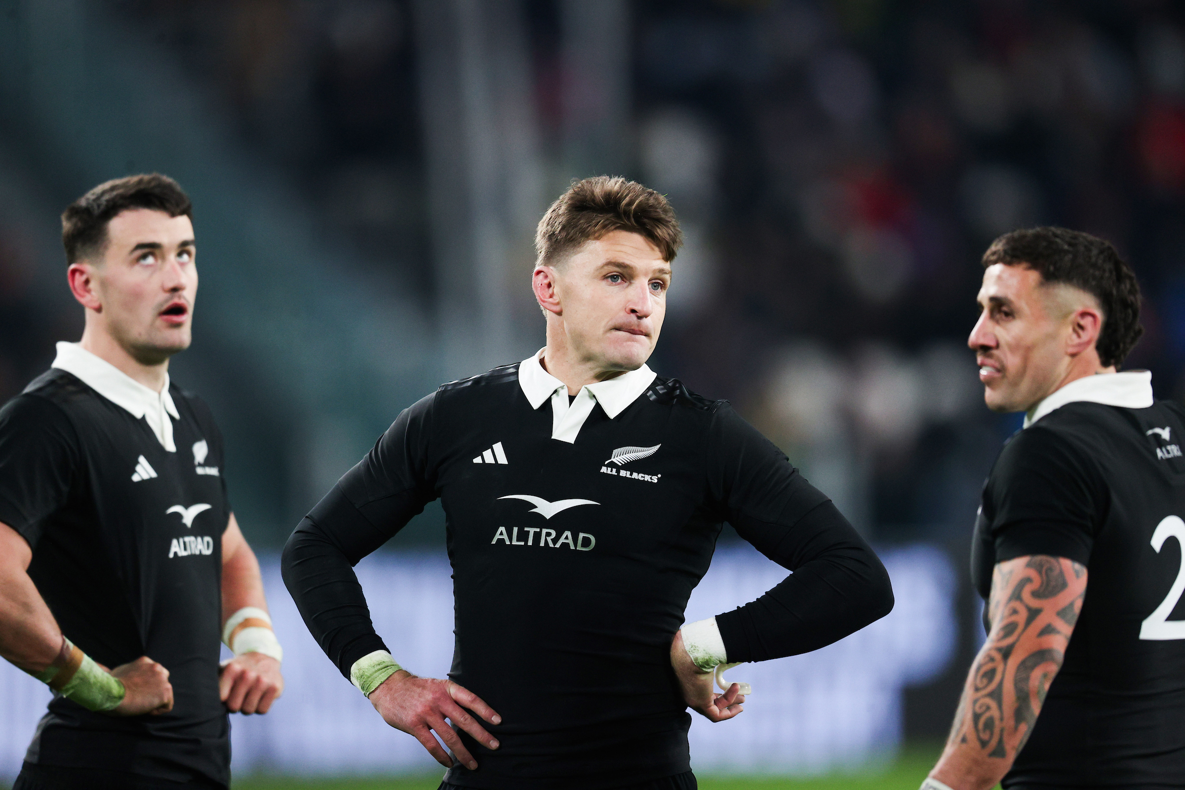 New Zealand's Will Jordan, Beauden Barrett and TJ Perenara during the side's Autumn Nations Series match against Italy at Allianz Stadium, Turin, Italy. Photo / Tom Maher