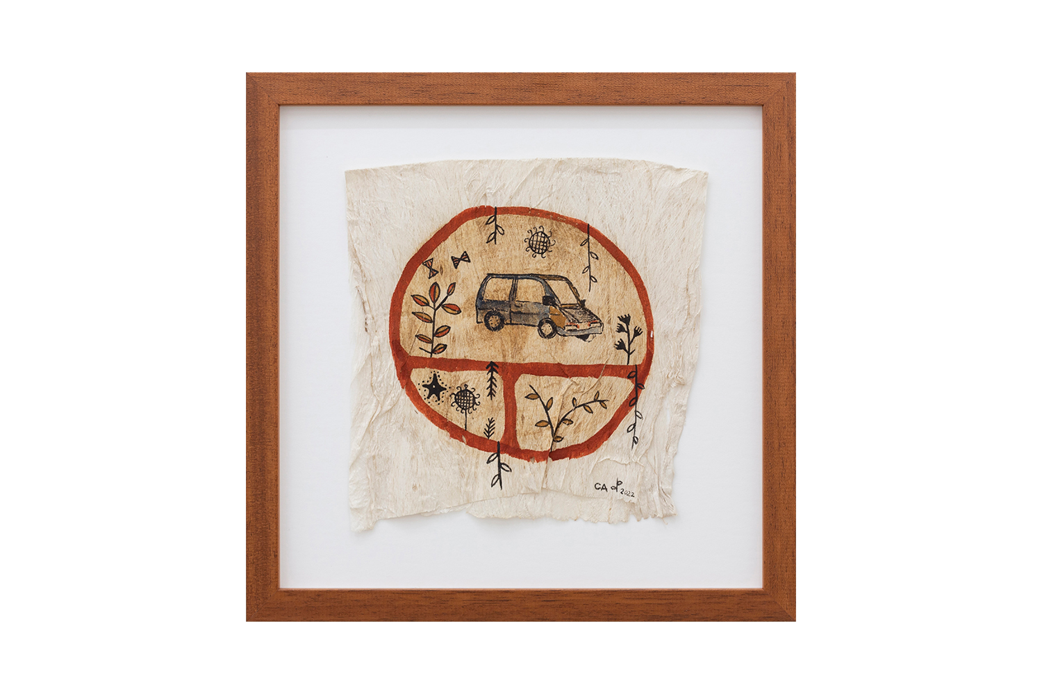 Cora-Allan Lafaiki Twiss, ‘First car of many’. Whenua paint, kāpia ink on Hiapo 340 x 340mm, framed. Photo / Courtesy of the artist and Bartley and Company