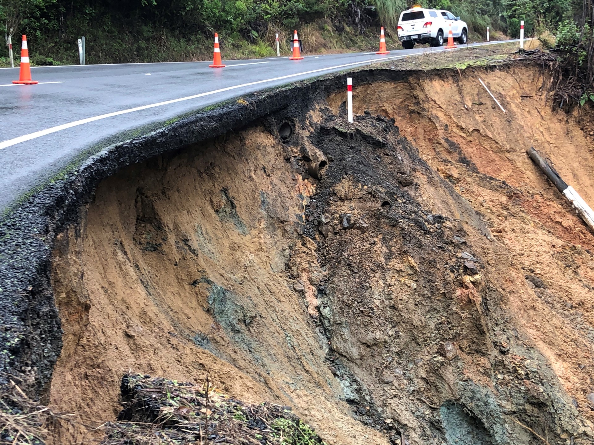A large under-slip has undermined State Highway 1 in the Mangamuka ranges south of Kaitaia with the transport agency unable to say when the road will reopen.