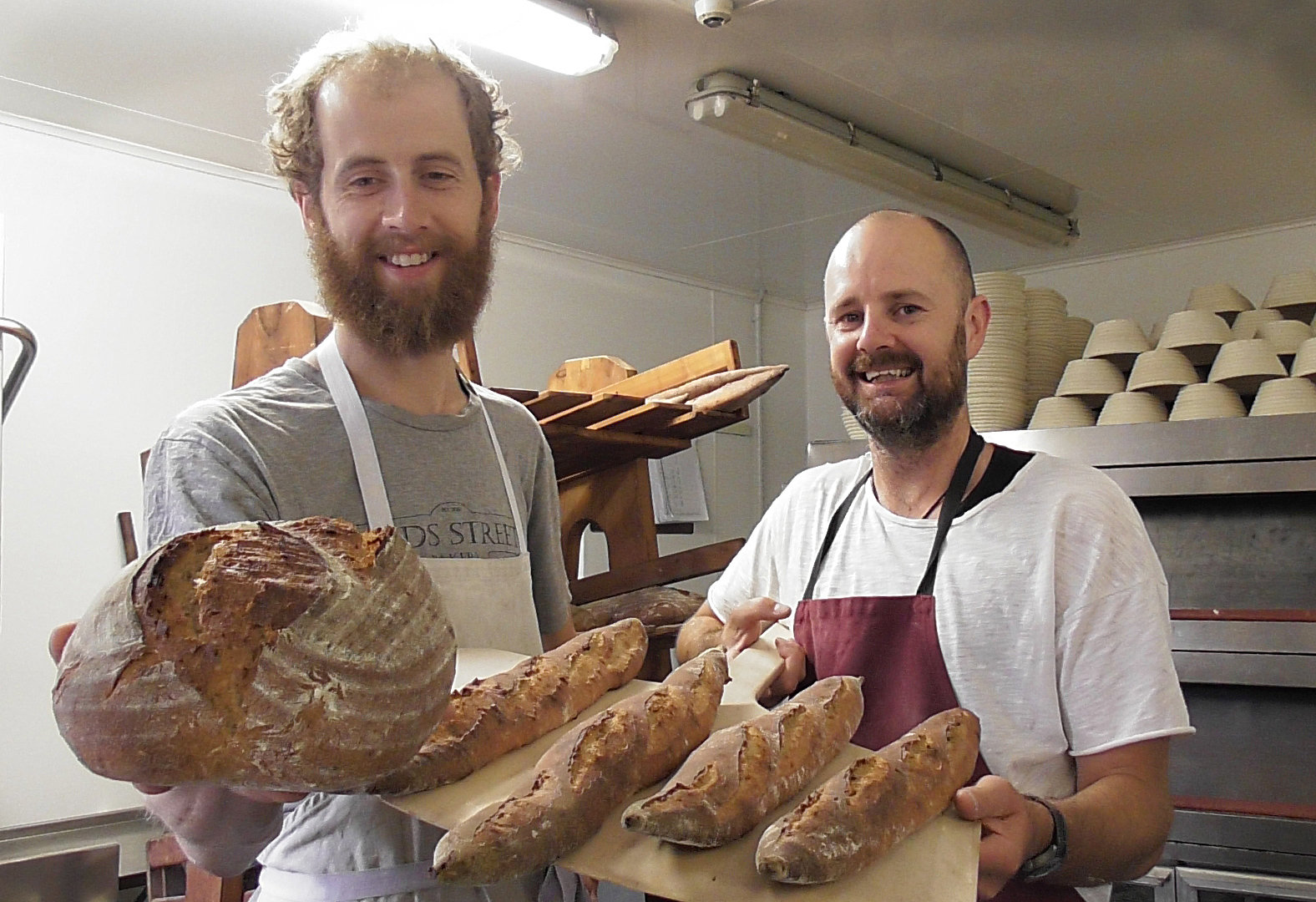 John Wilson (left) and Matt Ellingham bake their sourdough breads at Lucky Bar + Kitchen. Photo/ Stuart Munro Wanganui Chronicle
