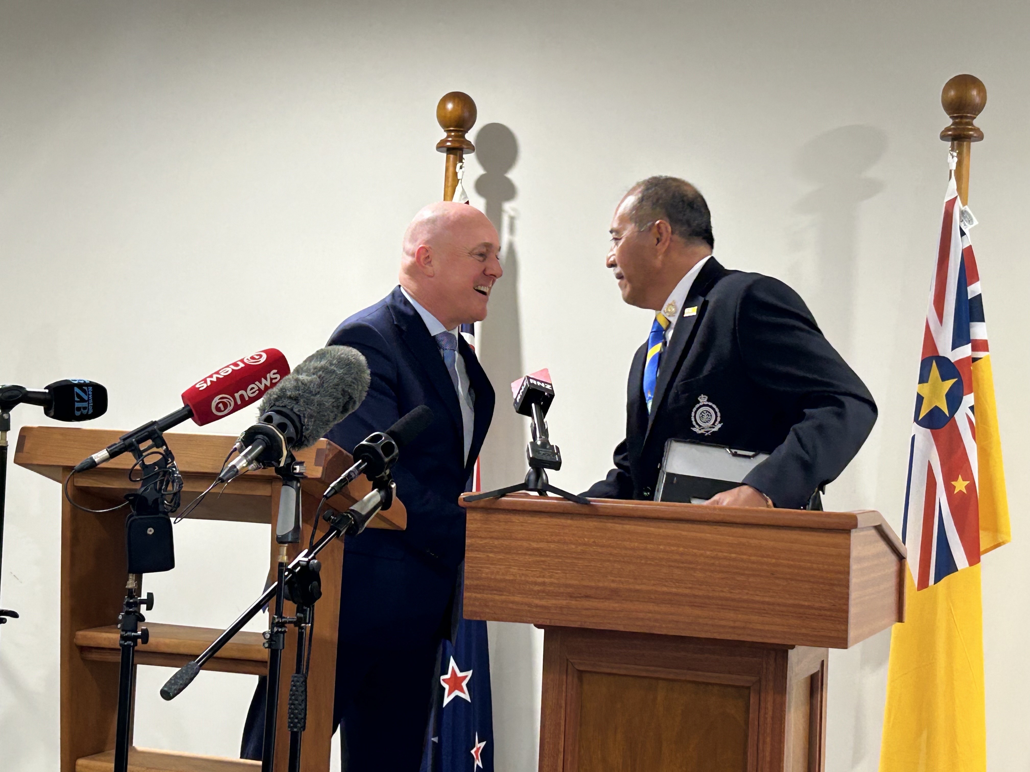 Prime Minister Christopher Luxon says he expected to be good mates Niue Premier Dalton Tagelagi (right). Photo / Adam Pearse