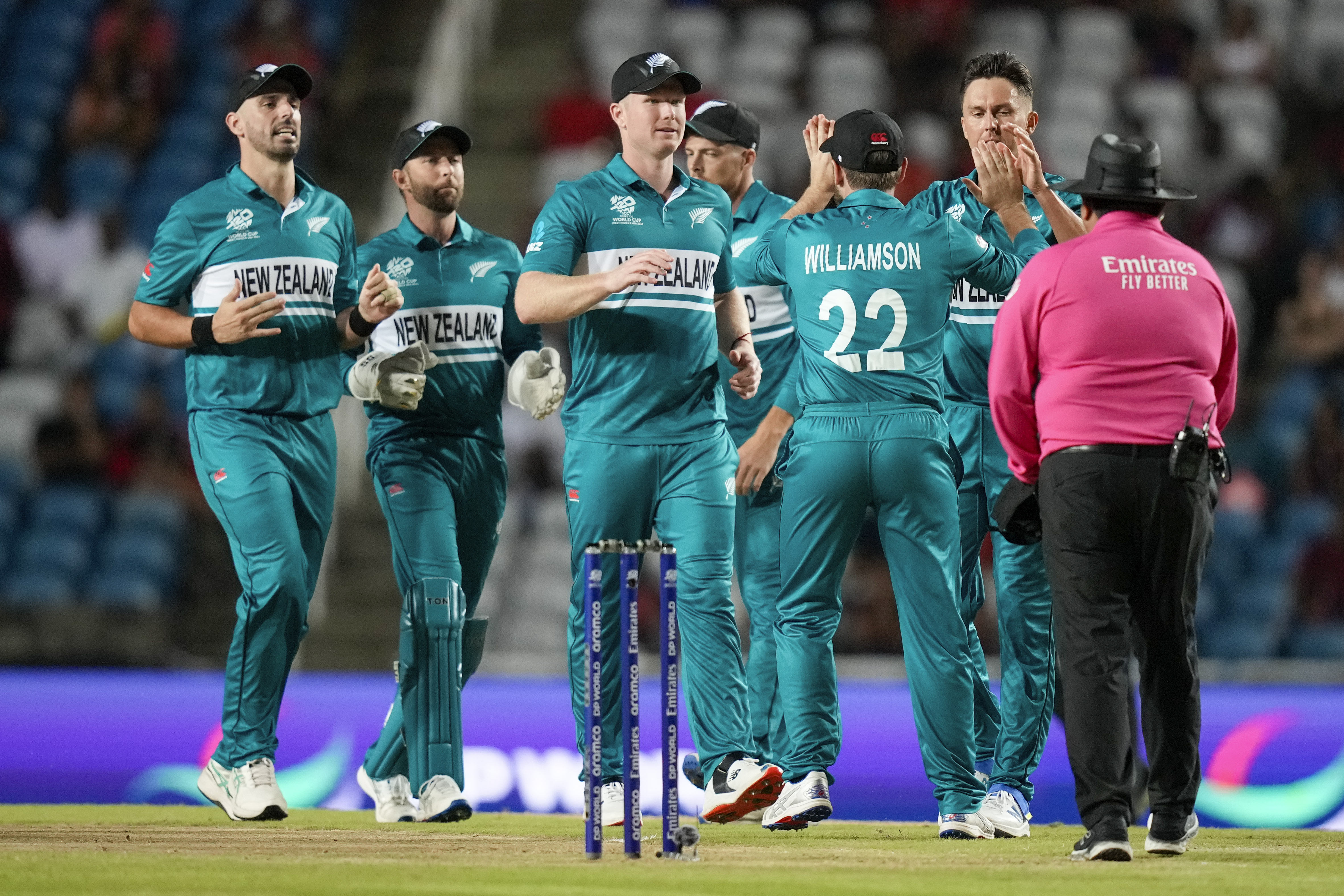The Black Caps celebrate a wicket against the West Indies. Photo / AP