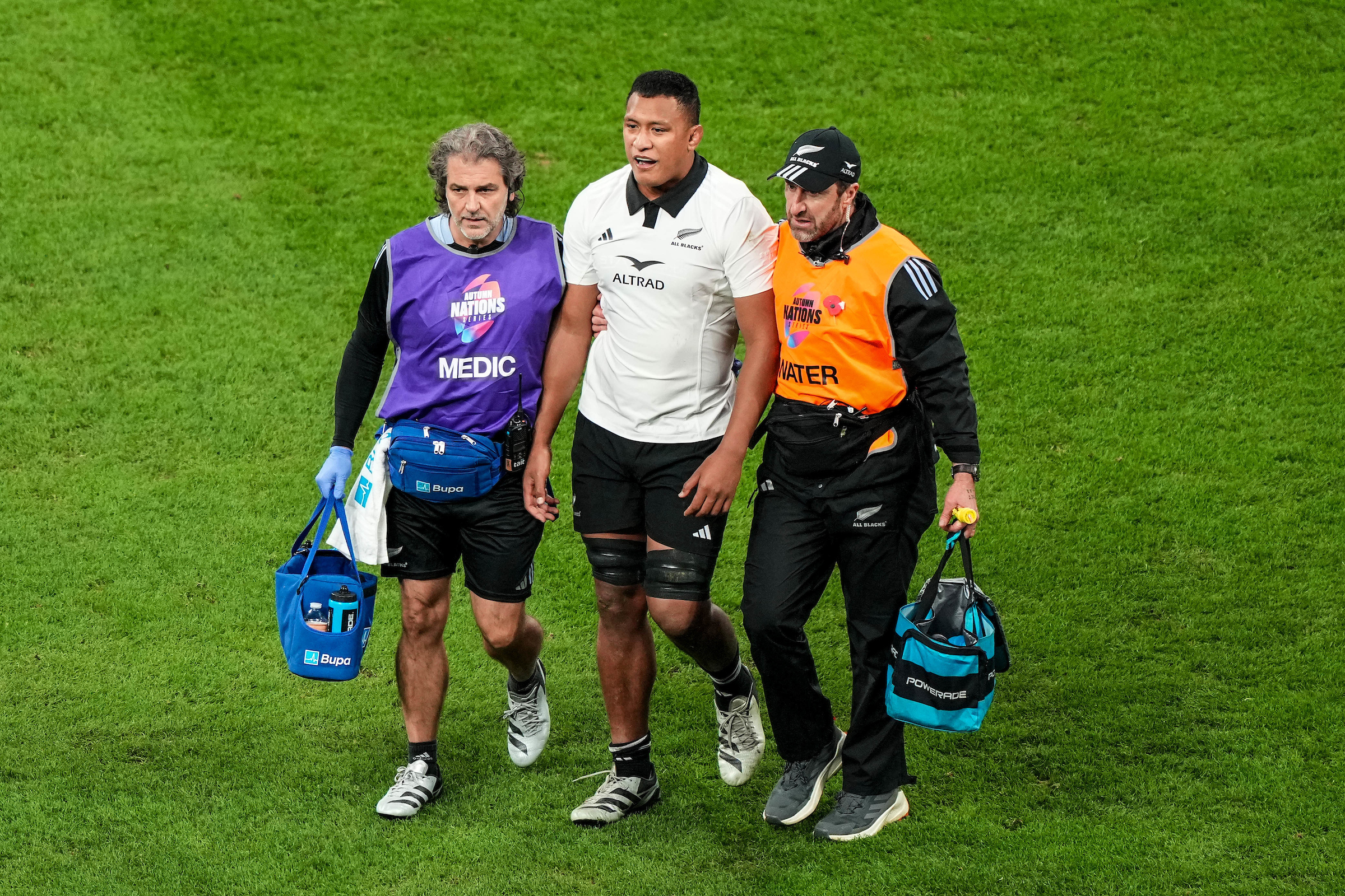 Samipeni Finau leaves the field after suffering a head knock against France. Photo / Photosport