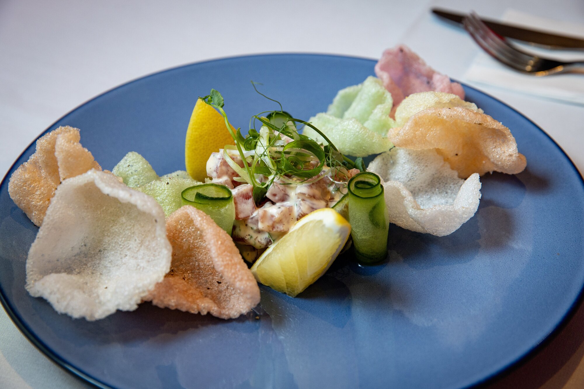 Gigi restaurant's tuna tartare, served with prawn crackers and wasabi cream. Photo / Dean Purcell