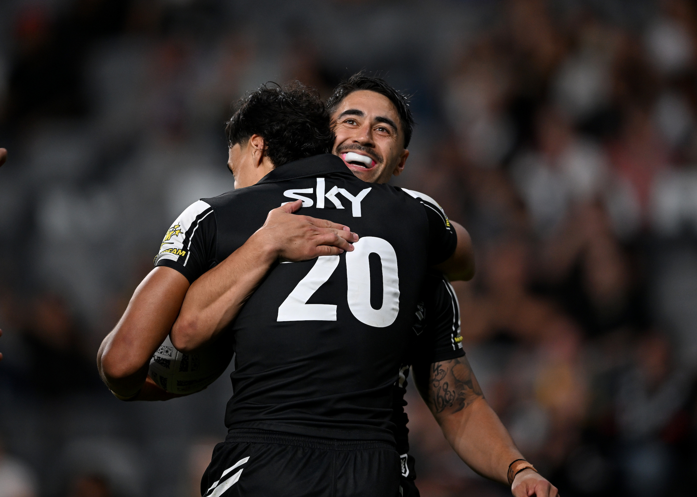 Casey McLean on debut for the Kiwis celebrates with Shaun Johnson during the Pacific Championships rugby league match between New Zealand Kiwis and Papua New Guinea. Photo / Photosport