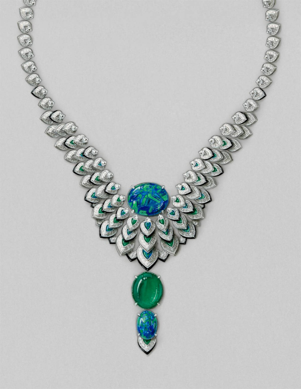 Cartier's Australian connections were evident in several pieces, including the Ocelle necklace featuring two Australian opals weighing 16.59 and 6.19 carats respectively, and a 21.18-carat Zambian emerald pendant.