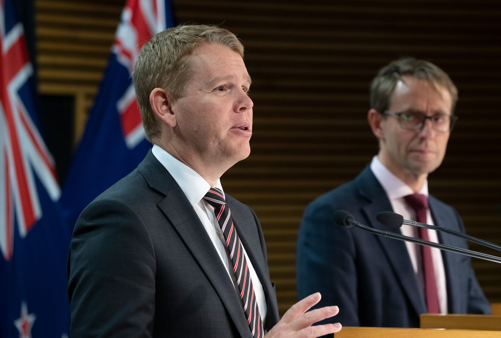 Covid-19 Response Minister Chris Hipkins and director general of health Dr Ashley Bloomfield at Parliament on Sunday. Photo / Mark Mitchell