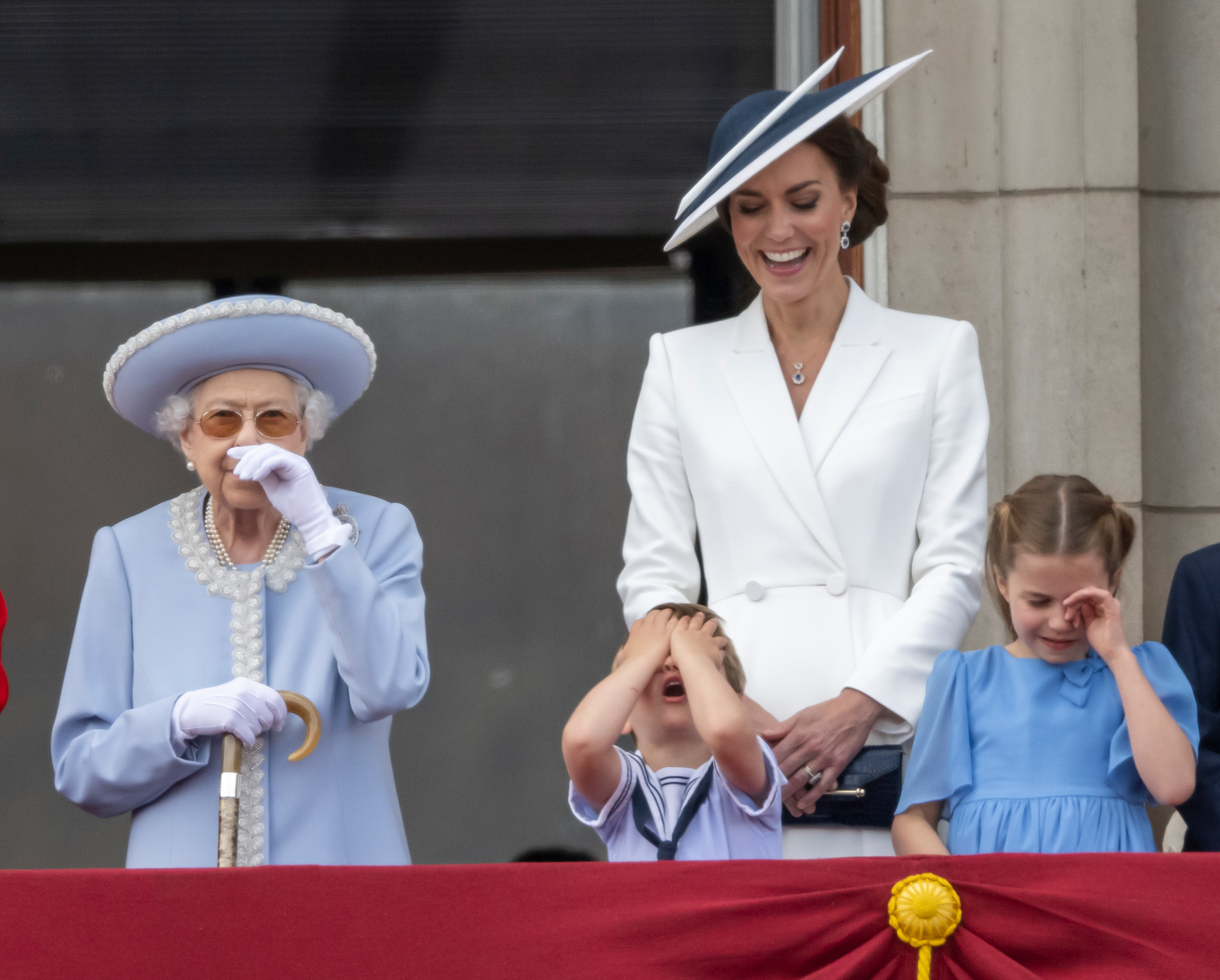 Queen Elizabeth II, Prince Louis, Kate, Duchess of Cambridge, Princess Charlotte, Prince George and Prince William gather on the balcony of Buckingham Palace, London. Photo / AP