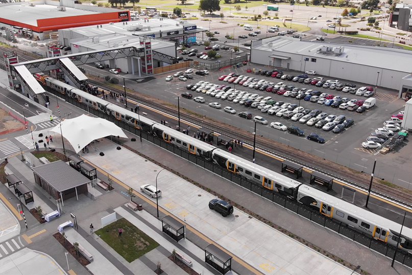 The Te Huia commuter train at the Rotokauri Transport Hub in Hamilton.