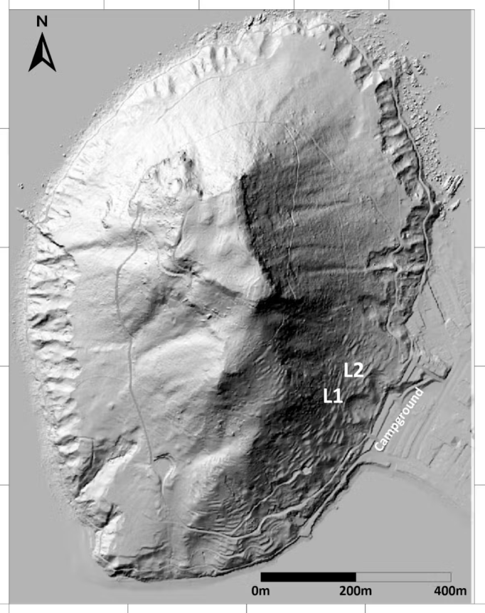 A high-resolution elevation map of Mauao and the surrounding land at Mount Maunganui, drawn from Land Information New Zealand data, showing landslide features. Two ancient landslides, or paleolandslides, above the campground site are labelled L1 and L2. Photo / Supplied / CC BY-NC-ND
