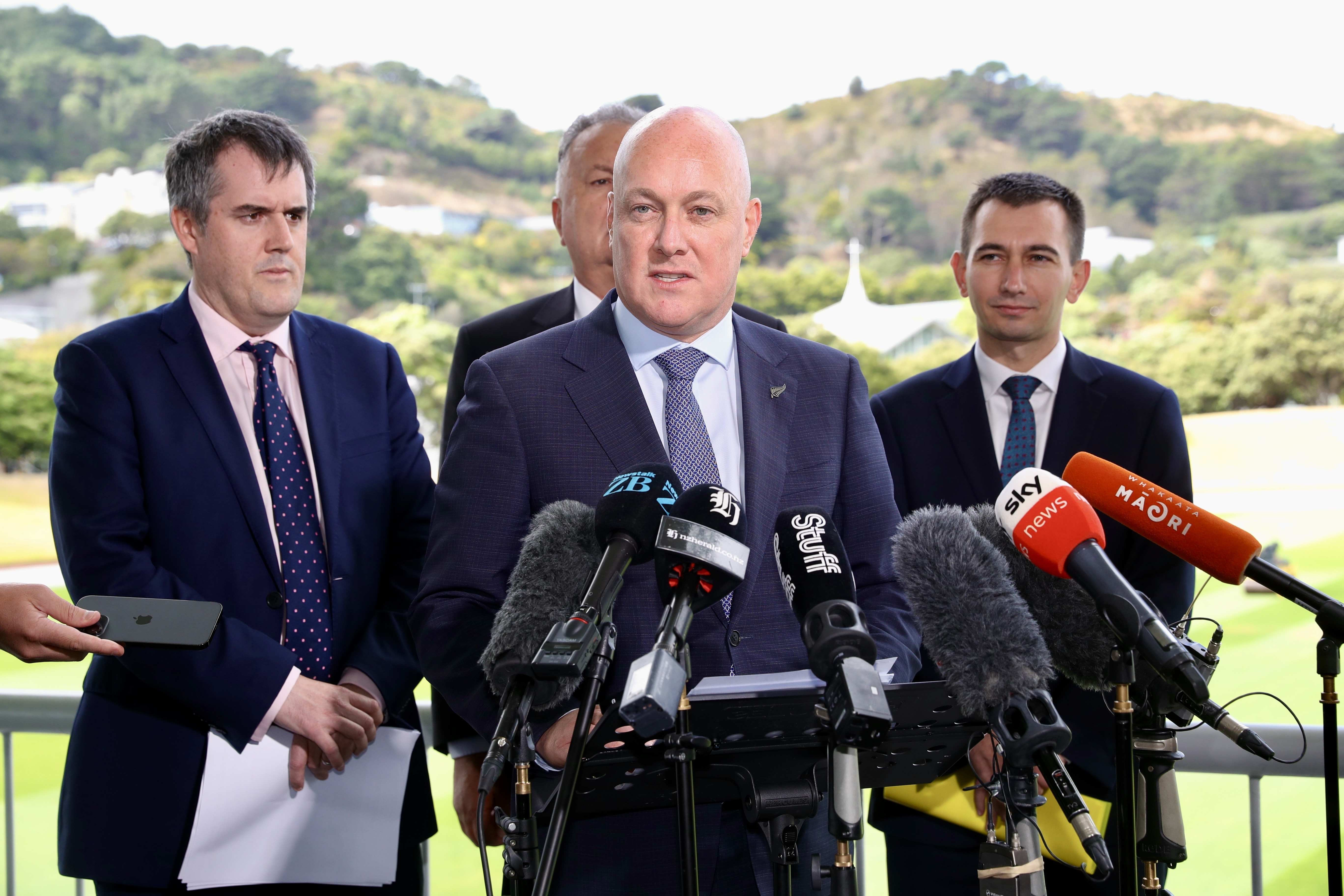 Prime Minister Christopher Luxon addresses media at the Basin Reserve in Wellington. Photo / Mark Mitchell