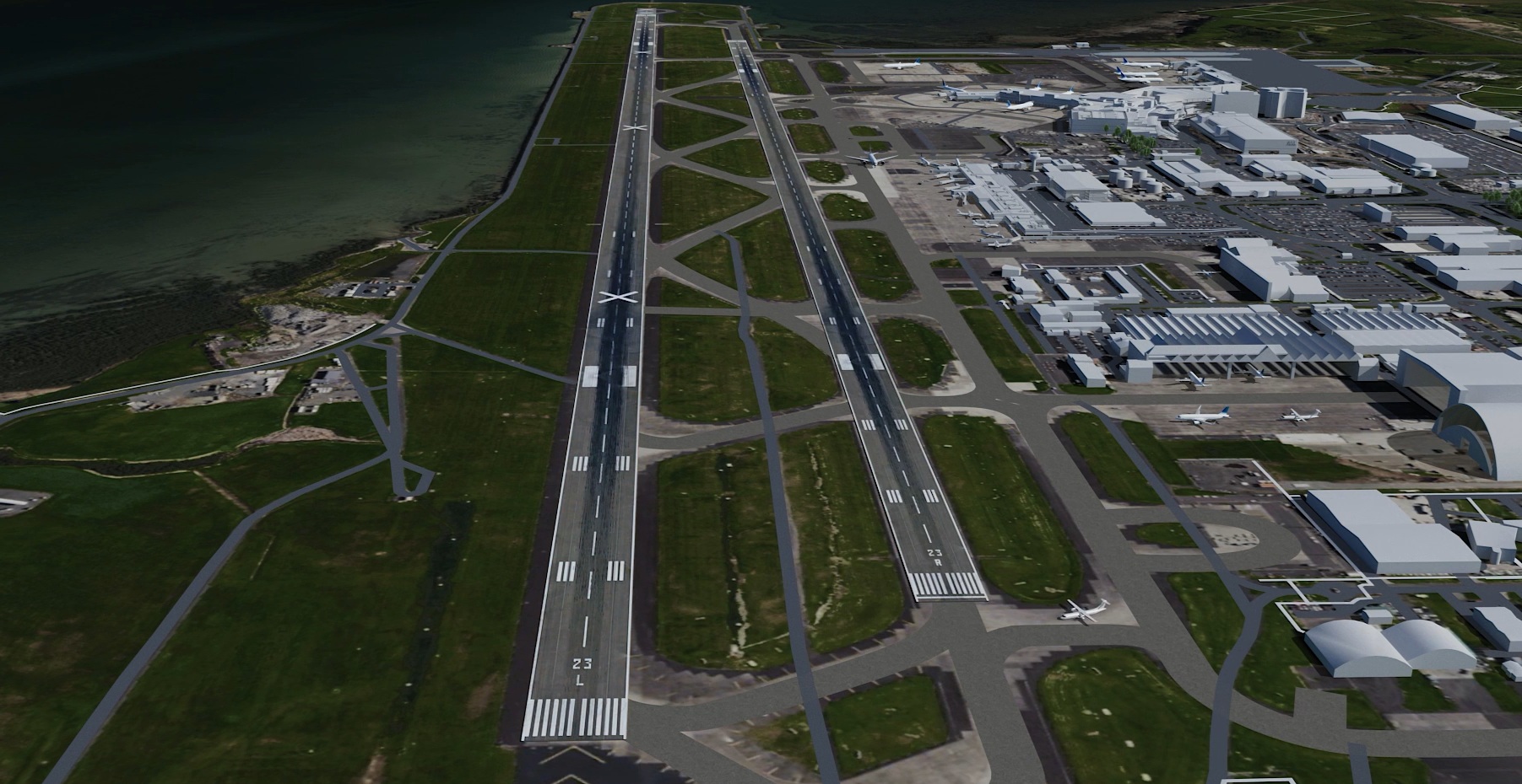 Auckland Airport is preparing to upgrade the taxiway to a runway, as seen in this impression. Taxiway Alpha is to the right of the one existing runway. Image / Auckland Airport