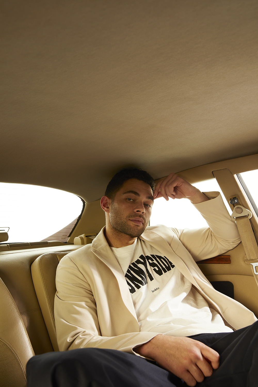 Vinnie wears Crane Brothers blazer. Bokeo T-shirt. Olivia Cashmore trousers. Photo / Mara Sommer