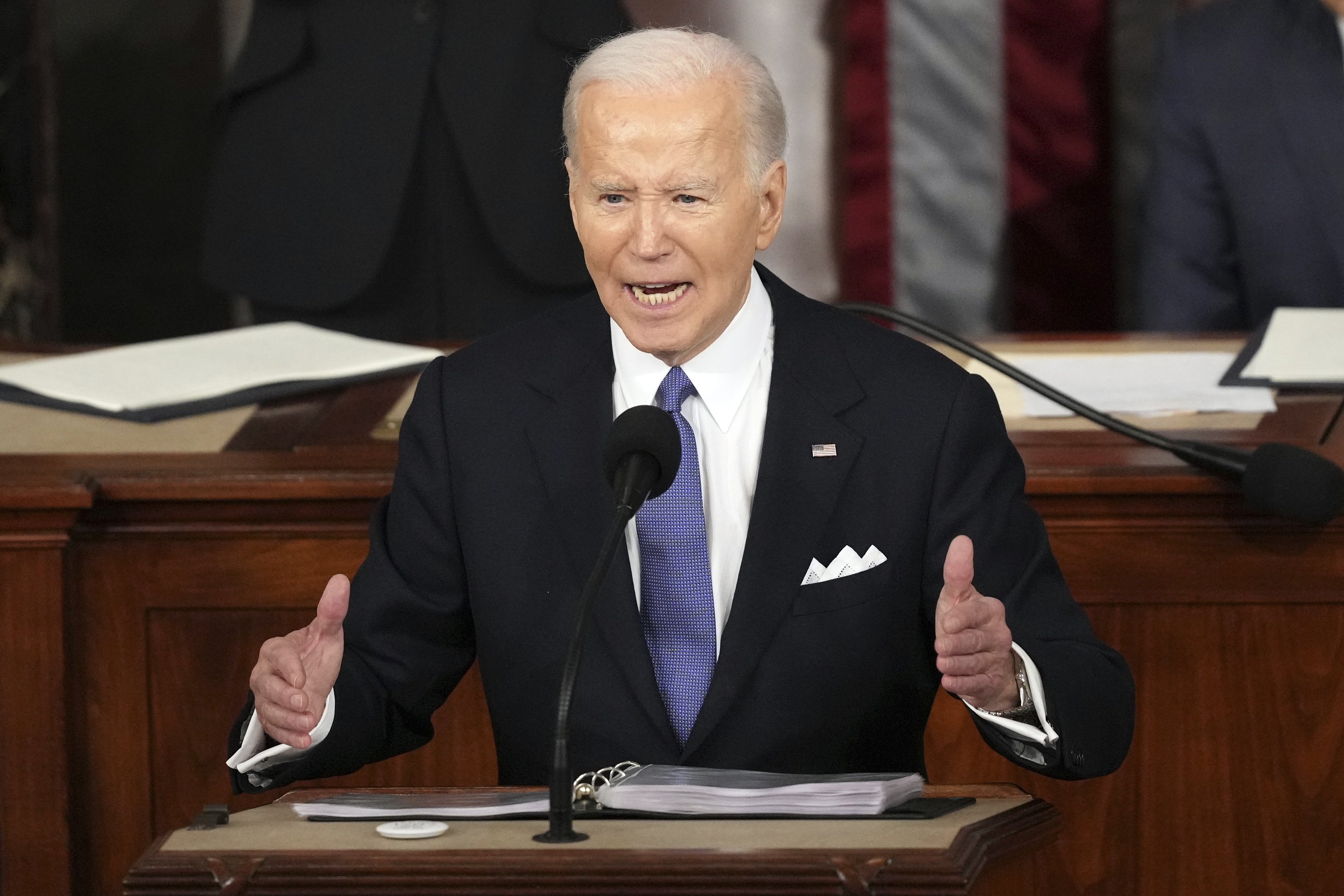 President Joe Biden delivers the State of the Union address to a joint session of Congress at the U.S. Capitol, Thursday March 7, 2024, in Washington. (AP Photo/Andrew Harnik)�