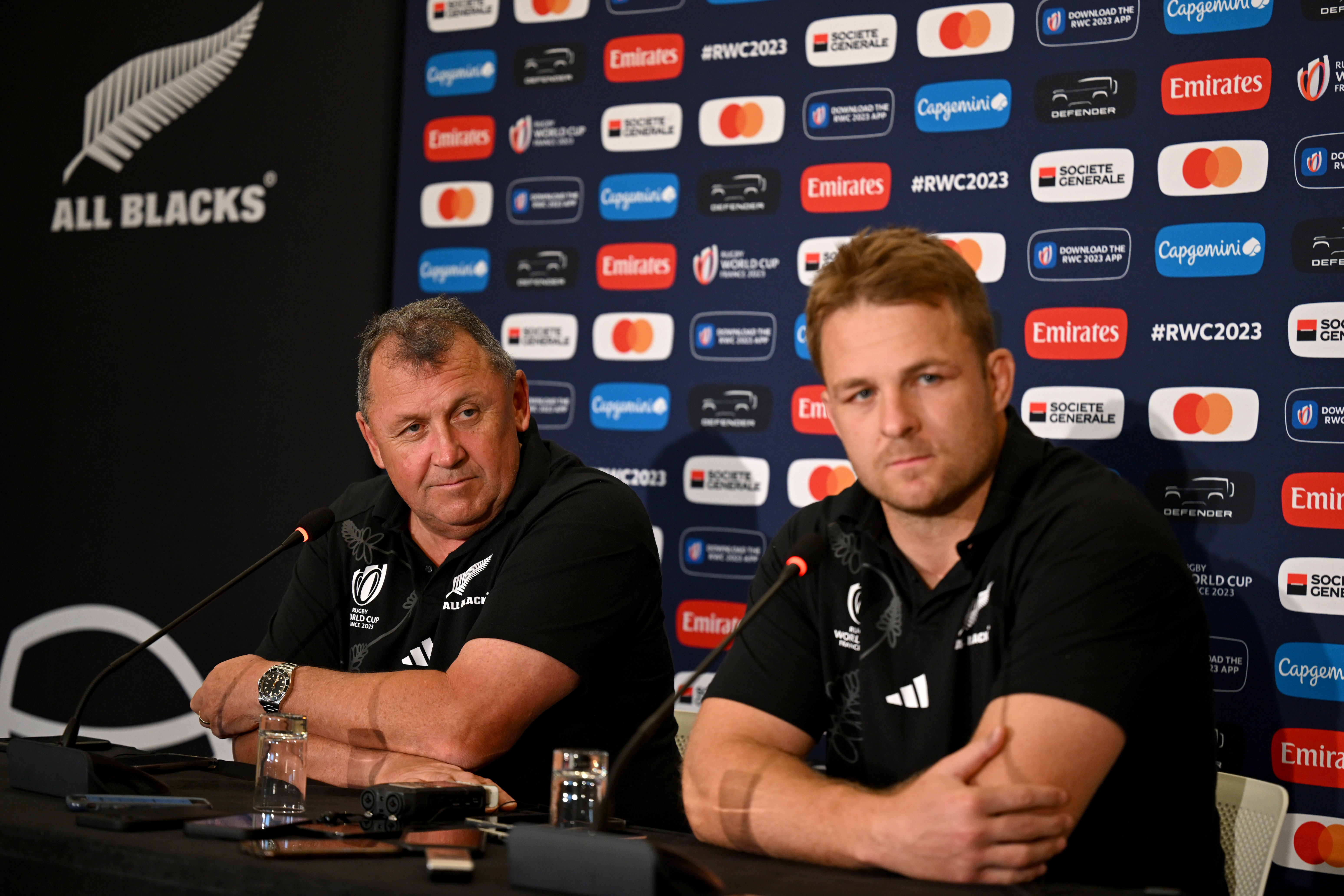 Head coach Ian Foster and Sam Cane talk to the media during a press conference following an All Blacks training session on October 12, 2023 in Paris, France. Photo / Getty Images