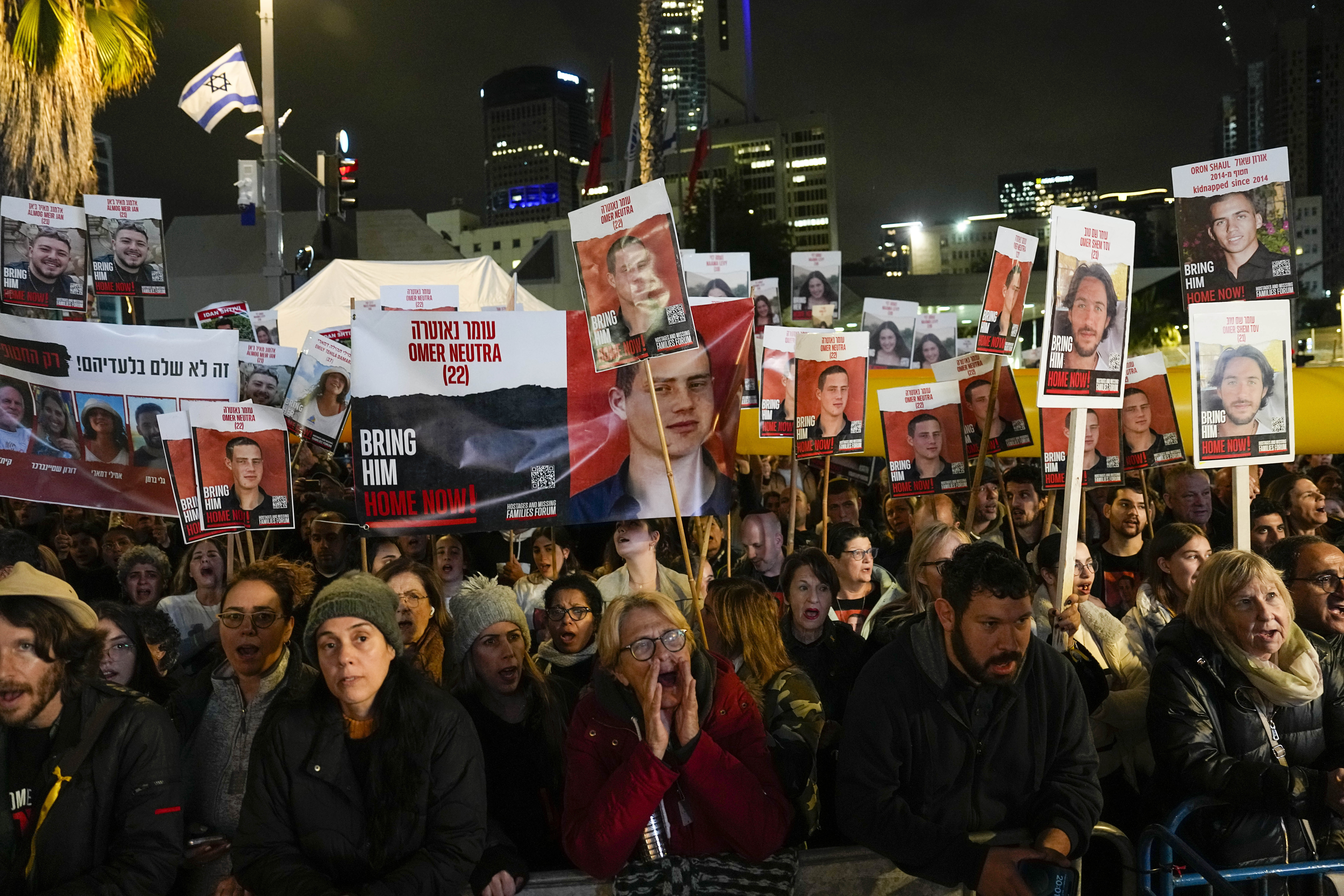People attend a demonstration demanding the release of the hostages taken by Hamas militants into the Gaza Strip in Tel Aviv, Israel, on Saturday. Photo / AP