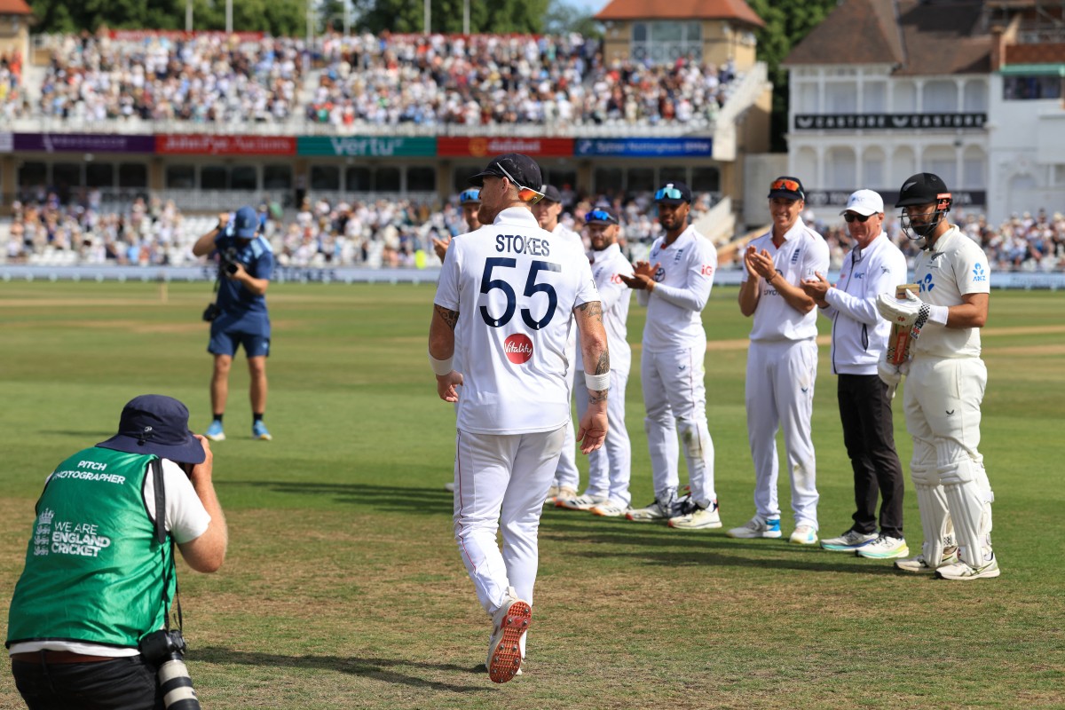 England's Ben Stokes receives a 