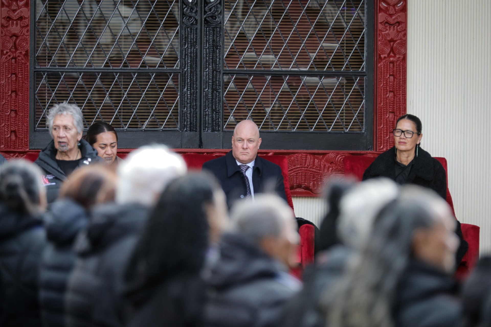 Prime Minister Christopher Luxon at Tūrangawaewae Marae on Monday. Photo / Nick Monro, RNZ