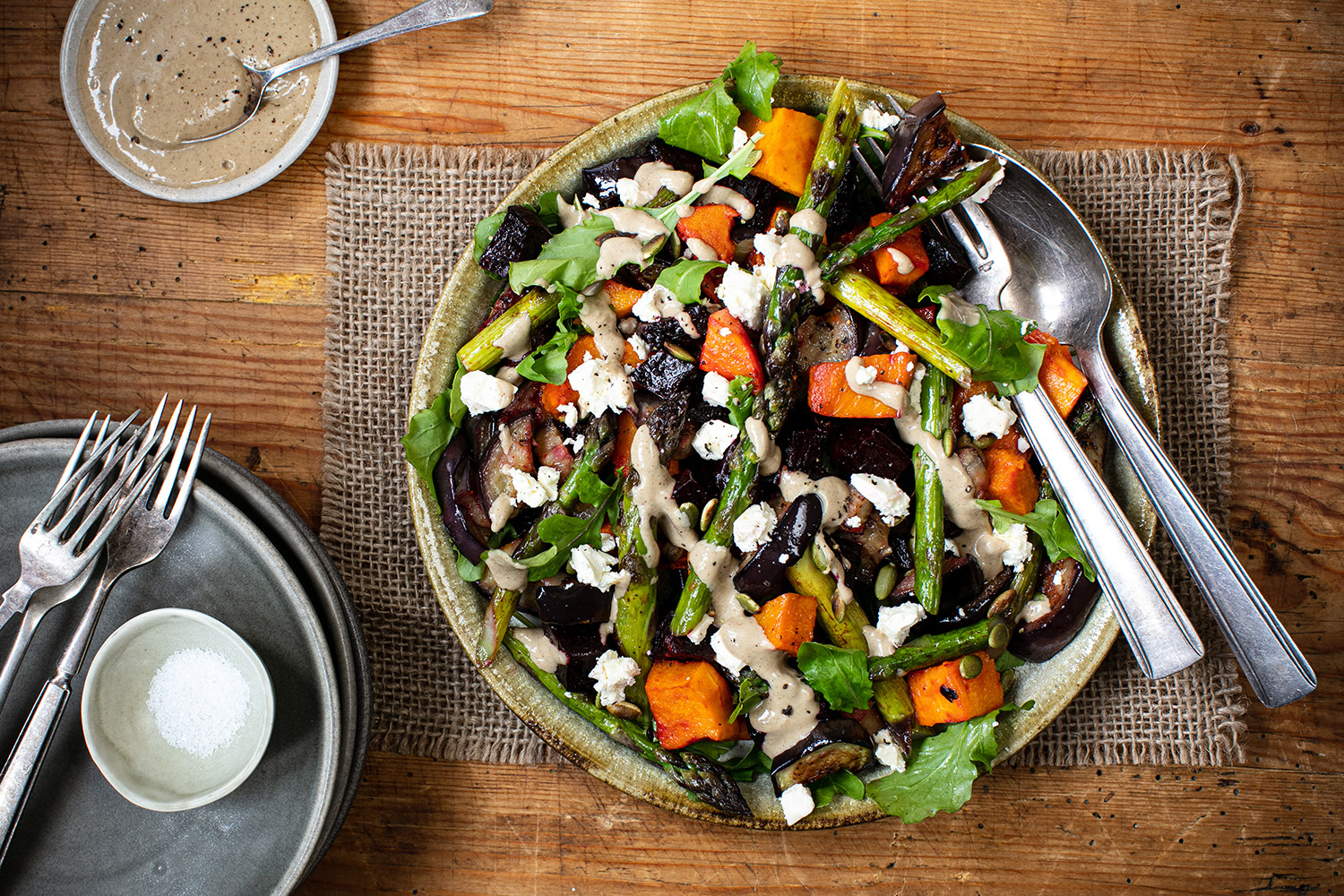 Asparagus, pumpkin and eggplant salad. Photo / Babiche Martens