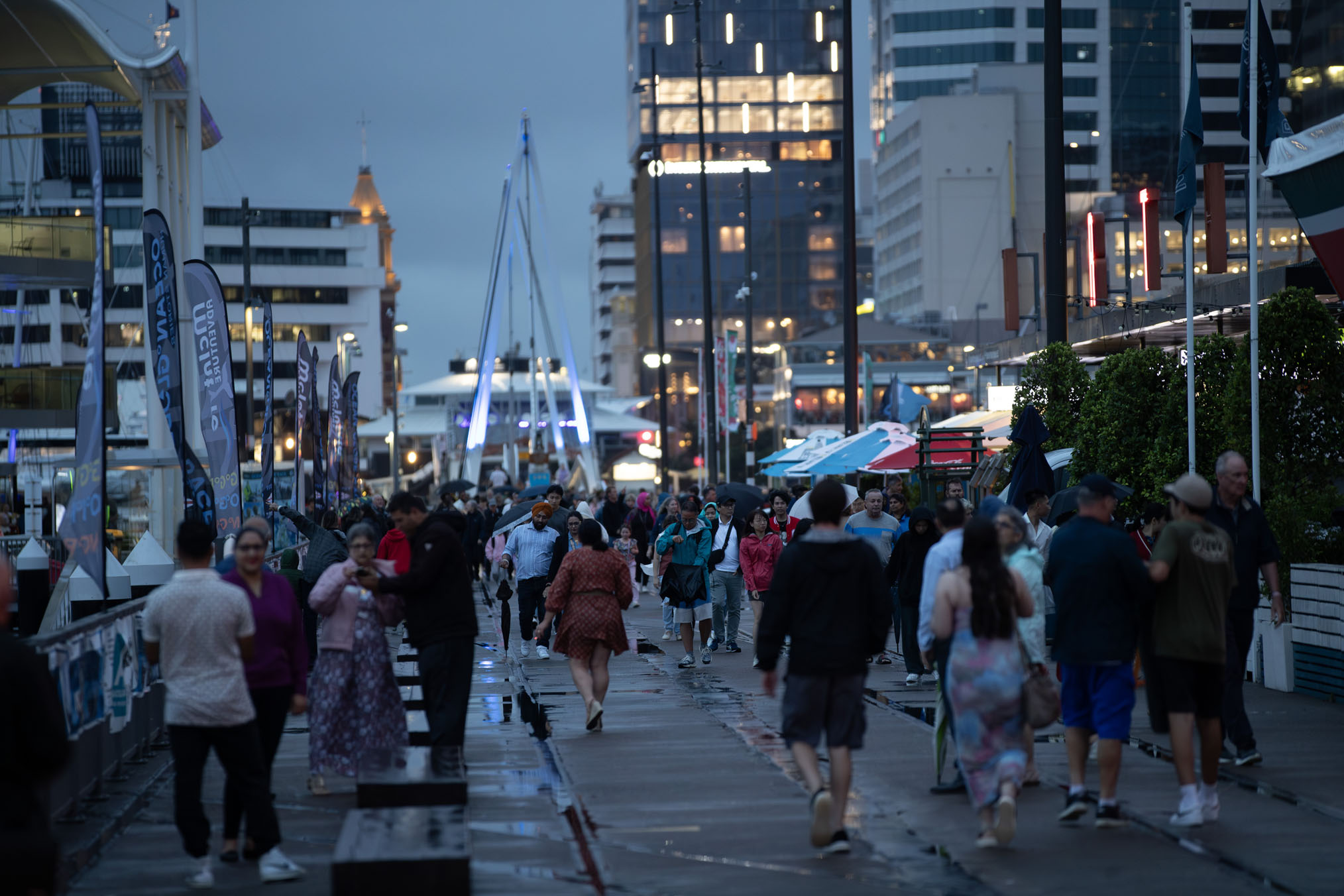 New Year's Eve at the viaduct in Auckland City during heavy rain warnings. Photo / Hayden Woodward