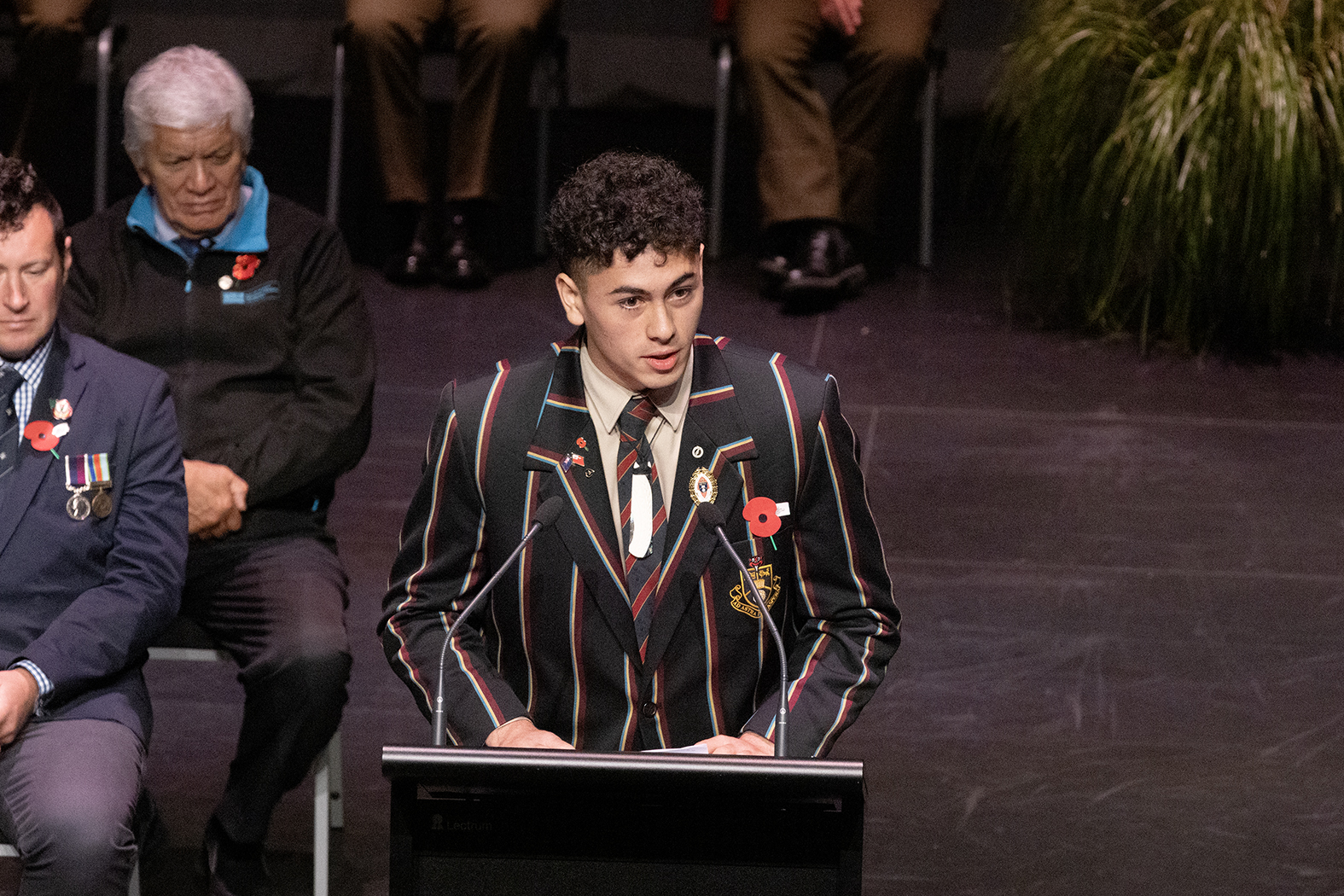 Rotorua Boys' High School head boy Jared Lasike delivering his speech on Anzac Day at the Sir Howard Morrison Centre. Photo / Andrew Warner