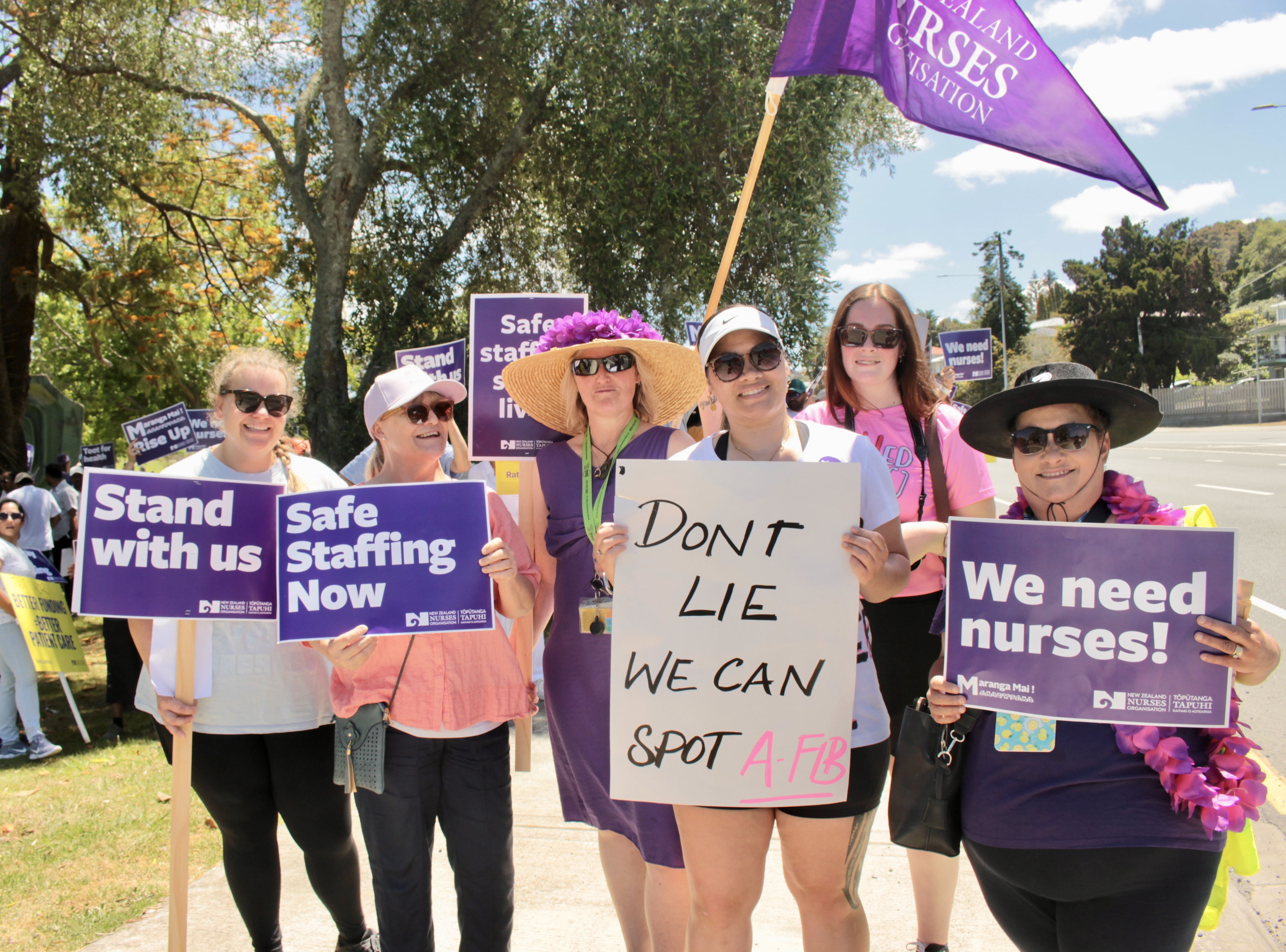 Whangārei Hospital nurse delegates Bridget Firth, Sacha Young, Lisa Tito, Chantelle Thompson, Kayla Crossley and Sylvia Dodd are worried Health NZ is not valuing nurses. Photo / Denise Piper