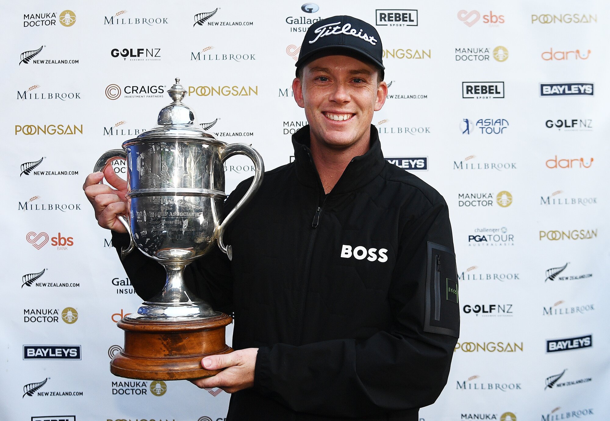 Daniel Hillier of New Zealand with the Brodie Breeze trophy after winning the 105th New Zealand Open at Millbrook Resort, Arrowtown. Photo / Photosport