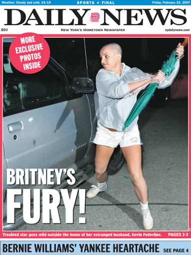 Britney Spears made front pages all around the world with her public breakdown where she attacked a paparazzi's car with an umbrella. Photo / Getty Images