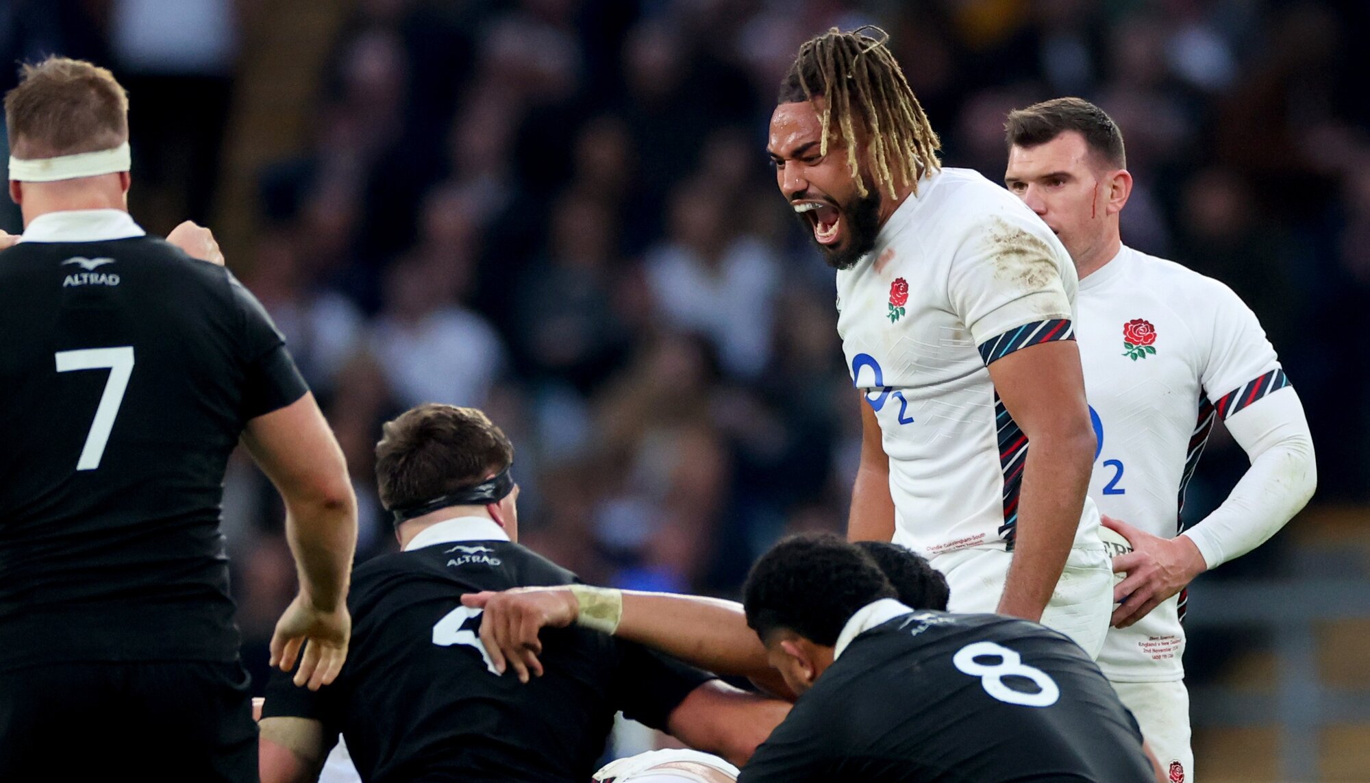 Chandler Cunningham-South gets excited during England's match against the All Blacks last year. Photo / Photosport