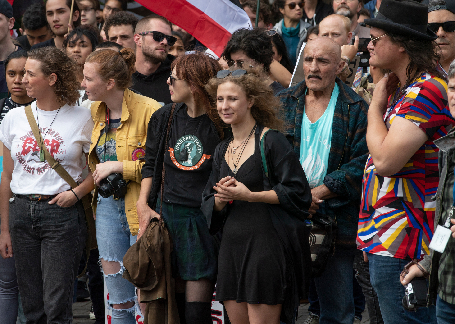 Pussy Riot member Masha Alekhina (centre) among Save Our Unique Landscape campaigners during their rally at Parliament, Wellington, March 12, 2019. Photo / Mark Mitchell