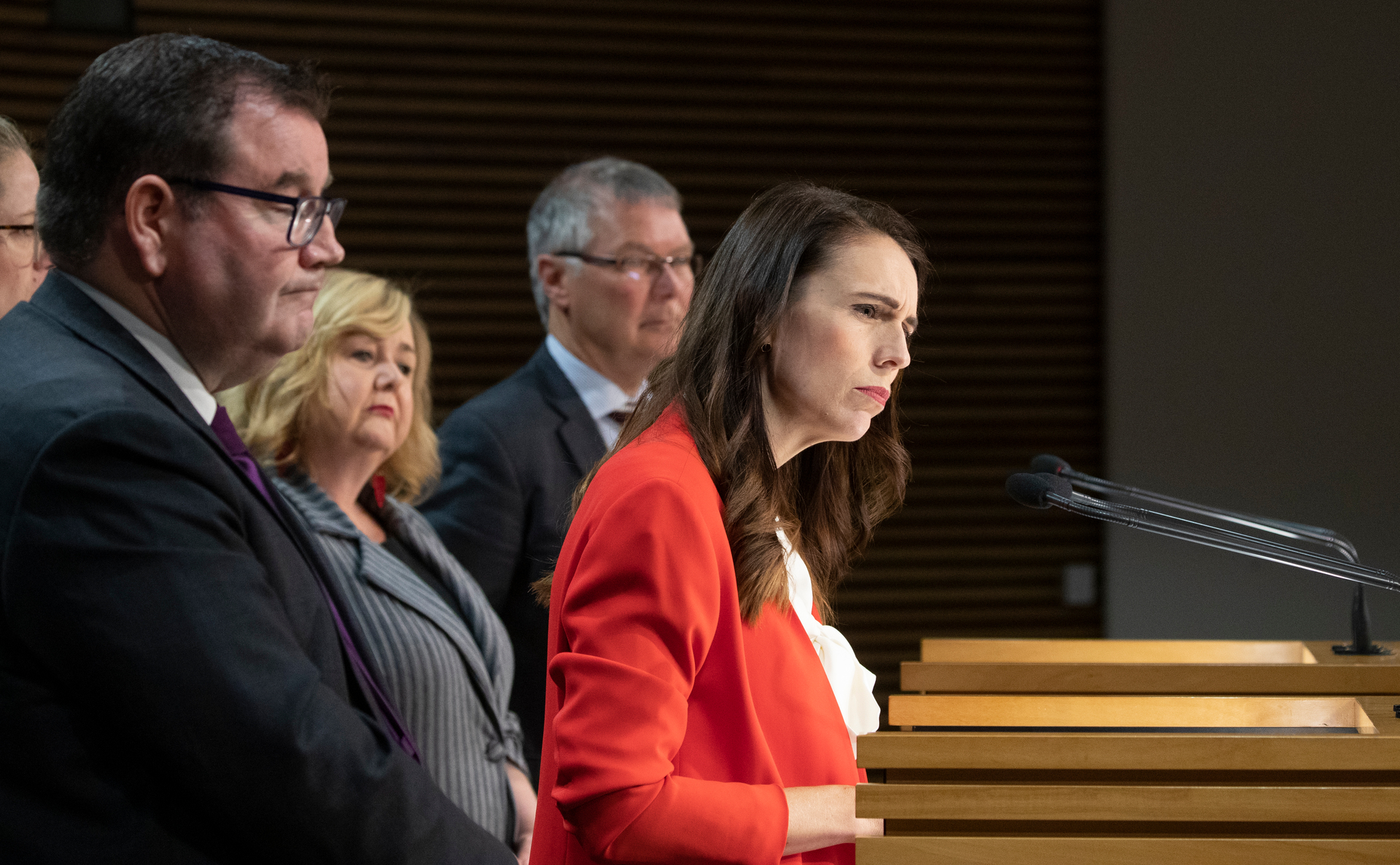 Then Prime Minister Jacinda Ardern, with her Finance Minister Grant Robertson (left), Housing Minister Megan Woods and Revenue Minister David Parker announcing tax changes including the banning of interest deductions. Photo / Mark Mitchell