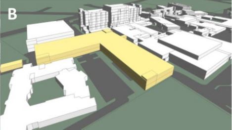 Option B is a double storey building located in the existing ED carpark and roadway. Image / Screenshot
