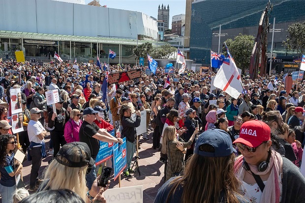 Crowds and signs at the anti-lockdown rally held in Aotea Square in Auckland. Photo / Peter Meecham