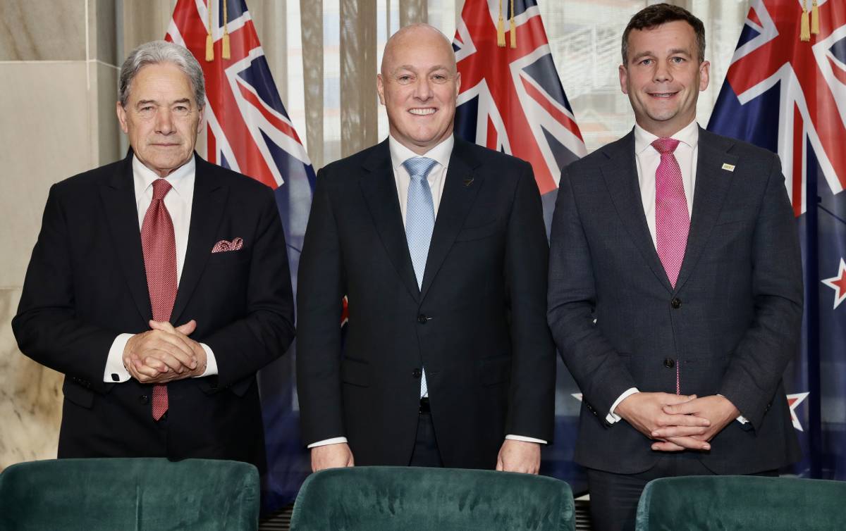 New Zealand First leader Winston Peters, National leader and incoming Prime Minister Christopher Luxon and Act Party leader David Seymour. Photo / Mark Mitchell
