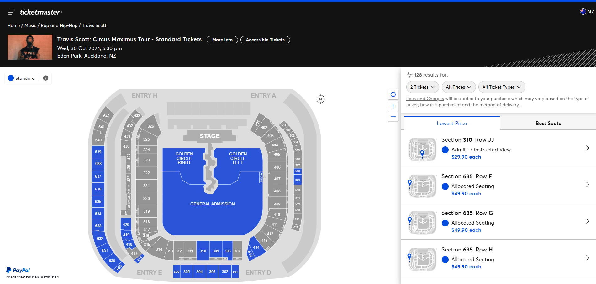 Ticketmaster had $29.90 tickets available to Travis Scott's Eden Park show on its website as of midday Wednesday. Photo / Ticketmaster