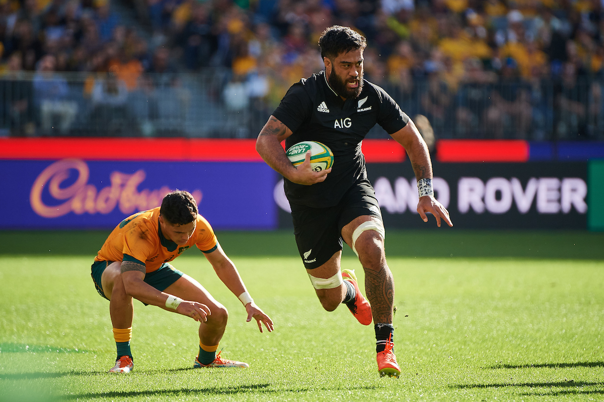 Akira Ioane of the All Blacks breaks into space during the third Bledisloe Cup test in Perth. Photosport